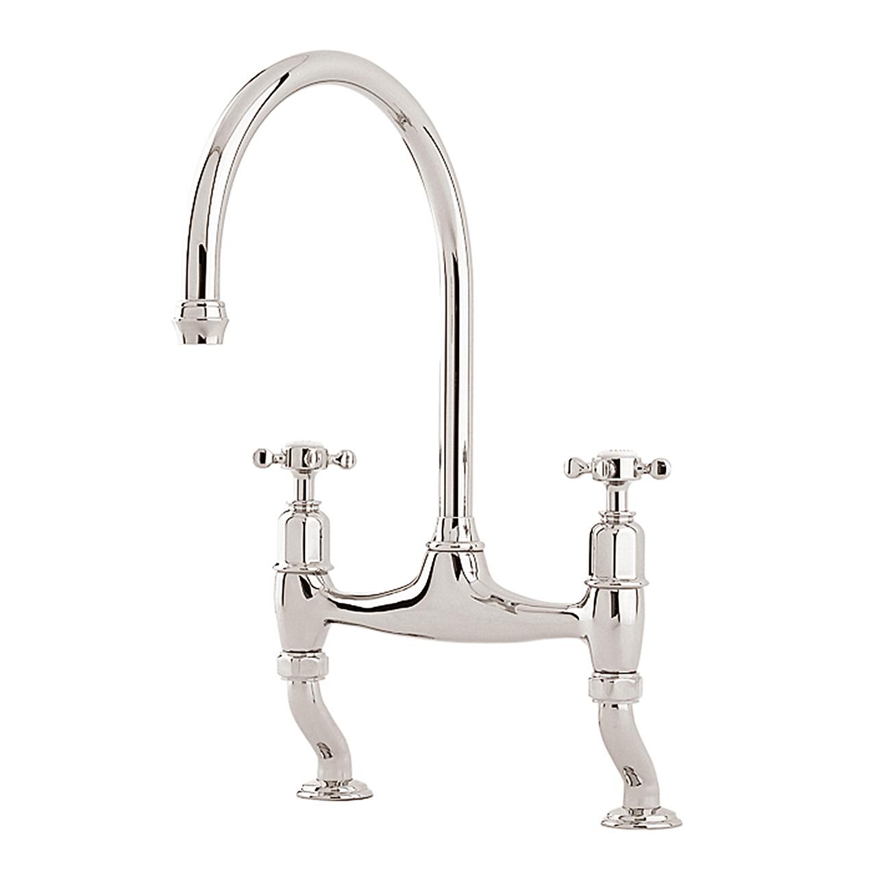 A cut-out image of a deVOL Ionian Tap with Rinse, a traditional style crosshead mixer tap, in a chrome finish.