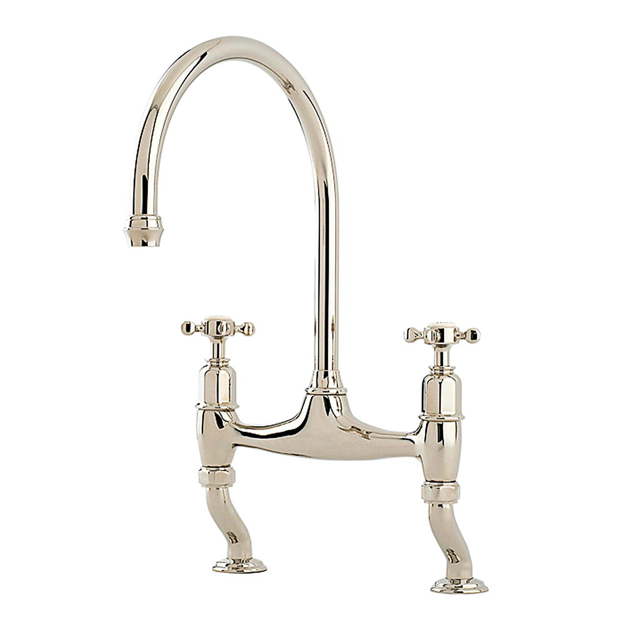 A cut-out image of a deVOL Ionian Tap with Rinse, a traditional style crosshead mixer tap, in a nickel finish.