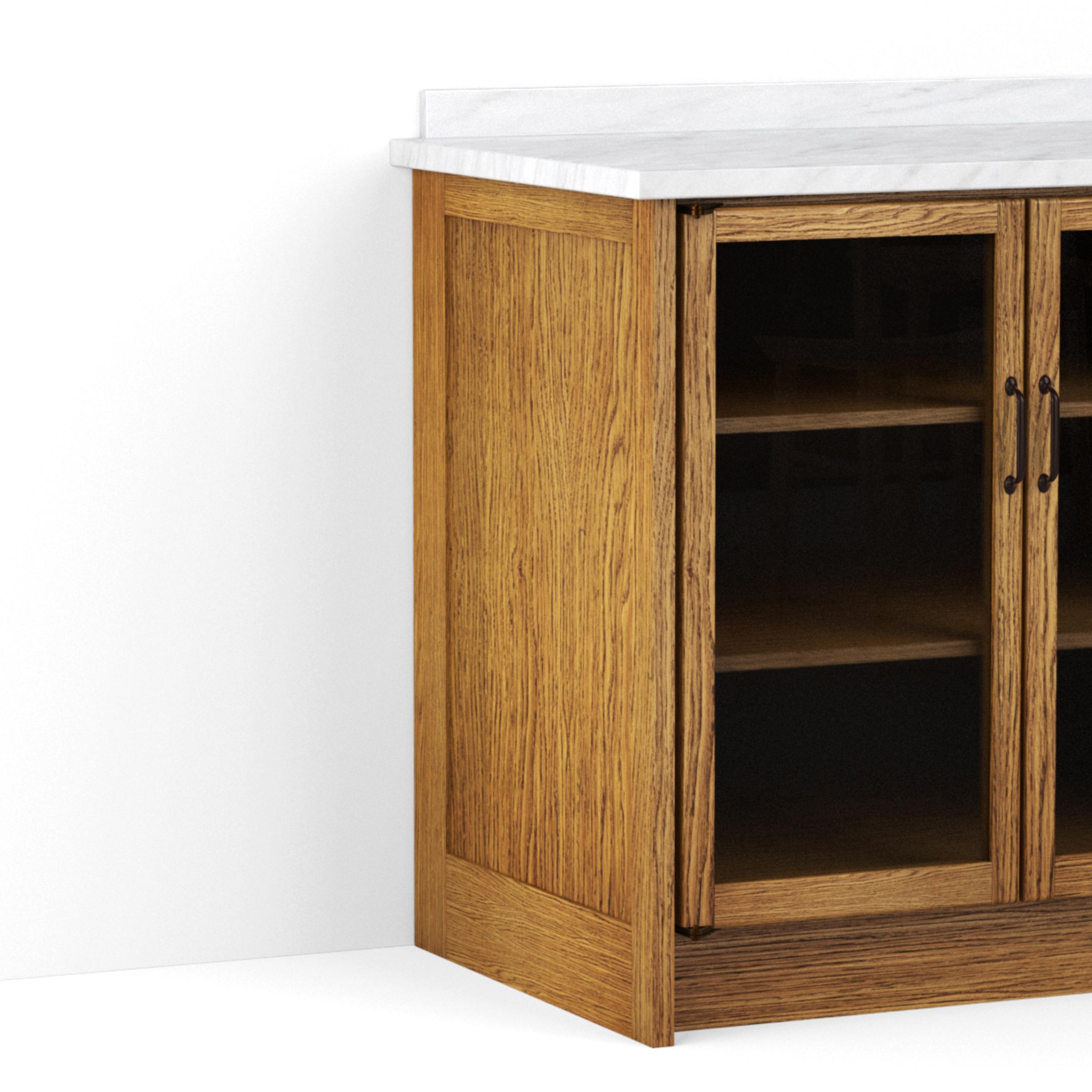 A render showing the end of a run of Haberdasher's base cabinets, fitted with a recessed end panel that is required for any exposed sides.