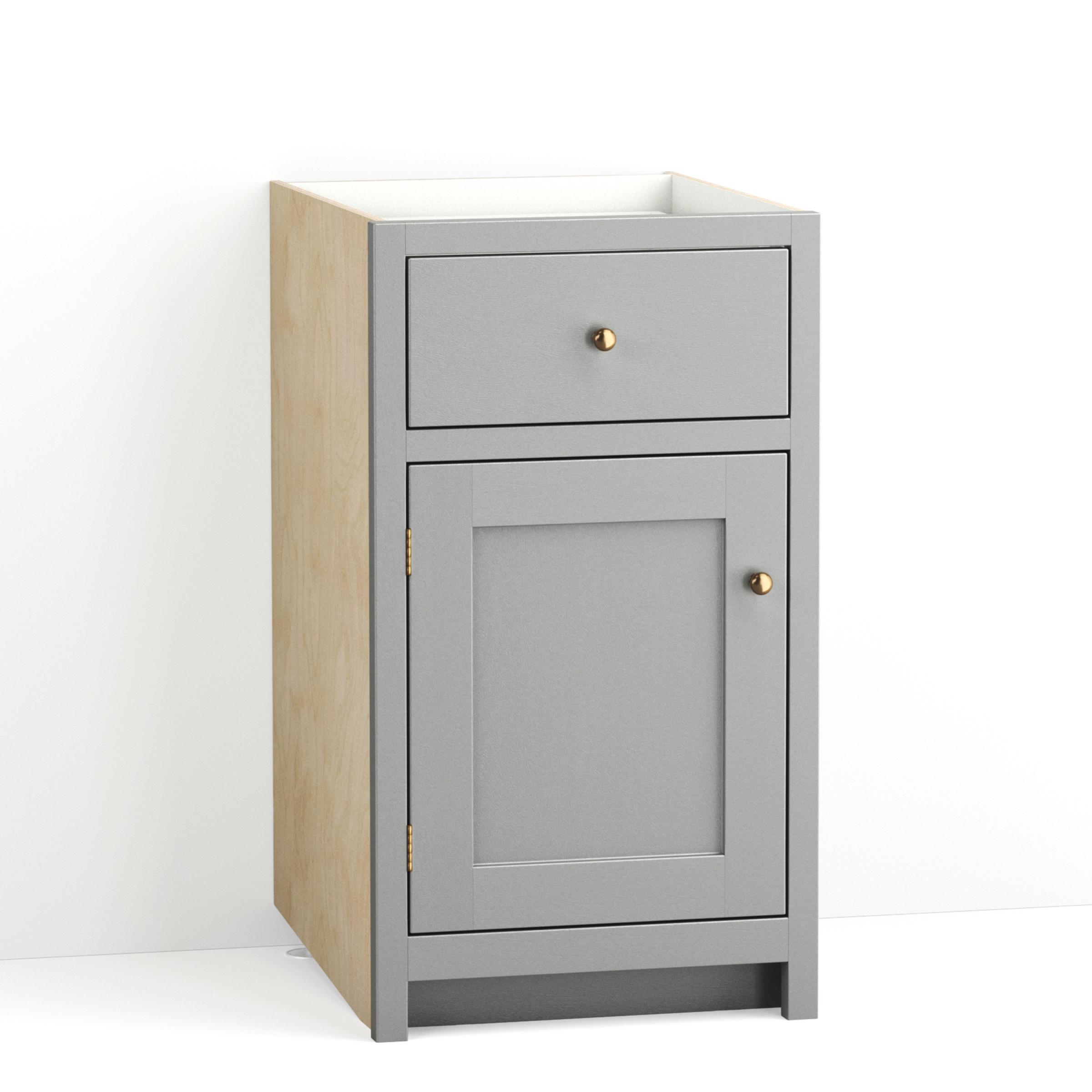 A render of a painted kitchen base cabinet with a single door and drawer from deVOL's Real Shaker range.