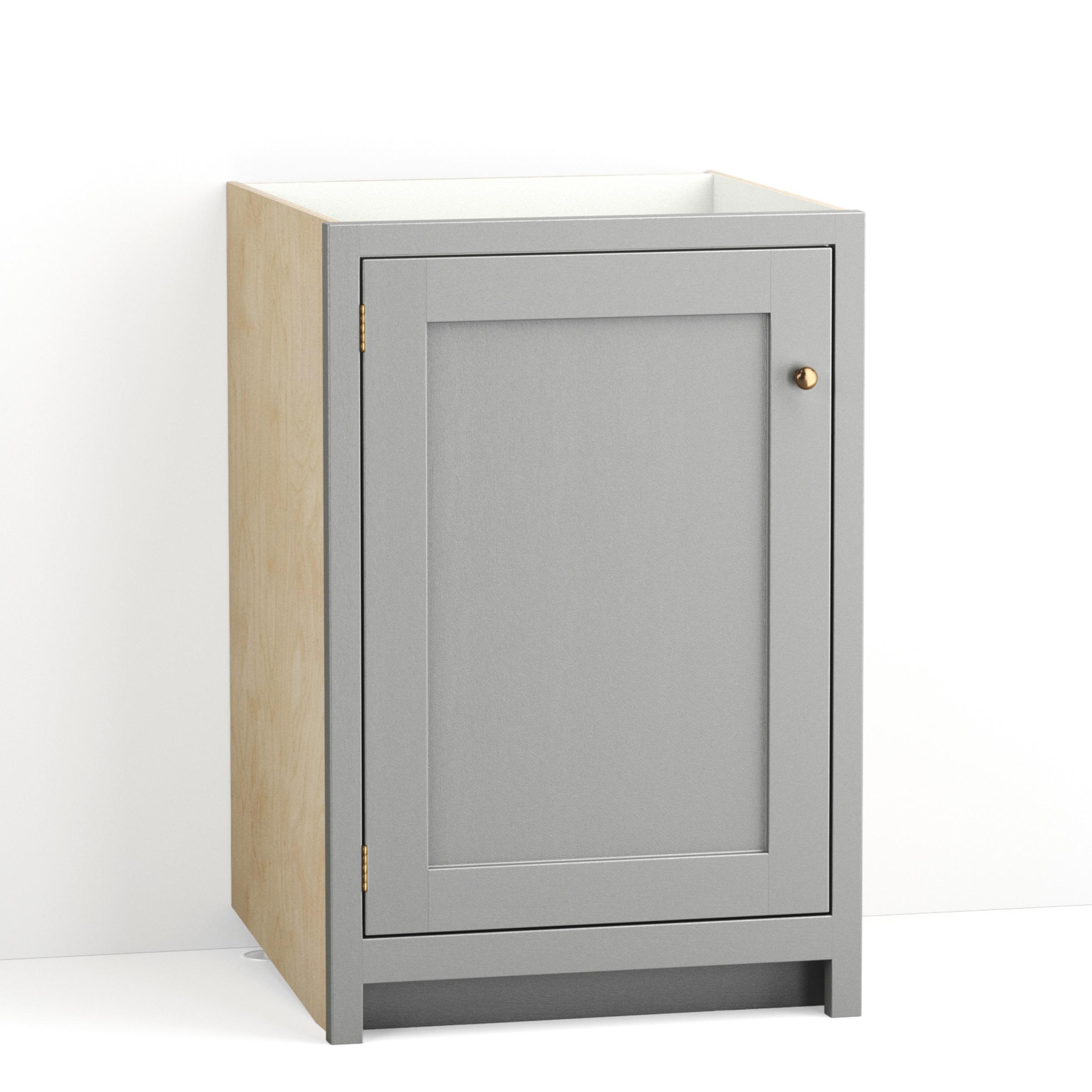 A render of a painted kitchen base cabinet with a single closed door from deVOL's Real Shaker range.