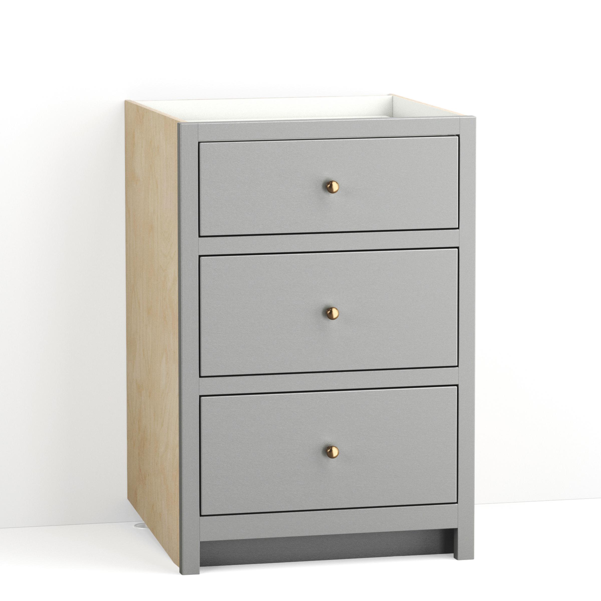 A render of a painted kitchen base cabinet with three drawers from deVOL's Real Shaker range.