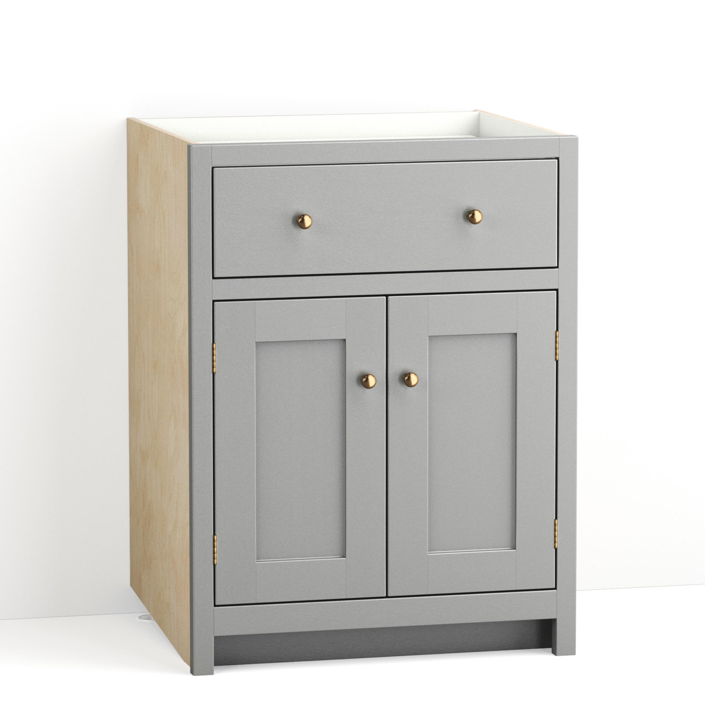 A render of a painted kitchen base cabinet with double doors and a single drawer from deVOL's Real Shaker range.