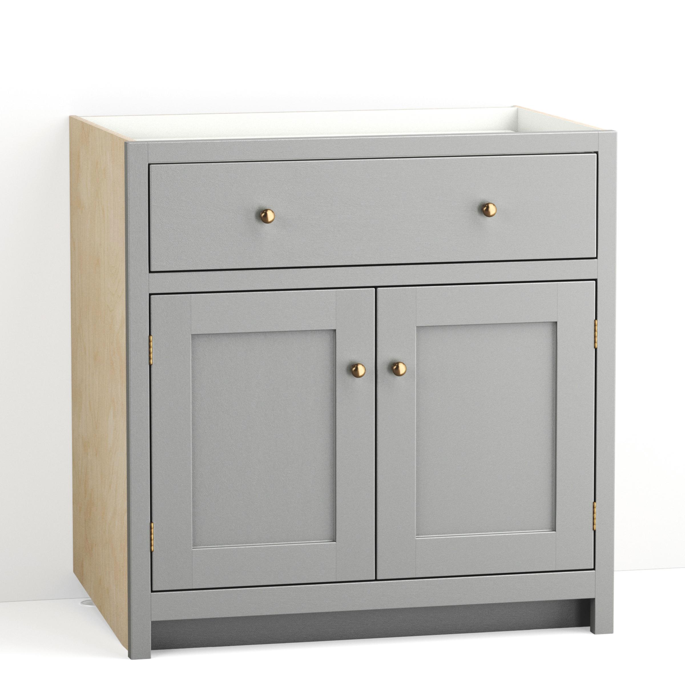 A render of a painted kitchen base cabinet with double doors and a single drawer from deVOL's Real Shaker range.