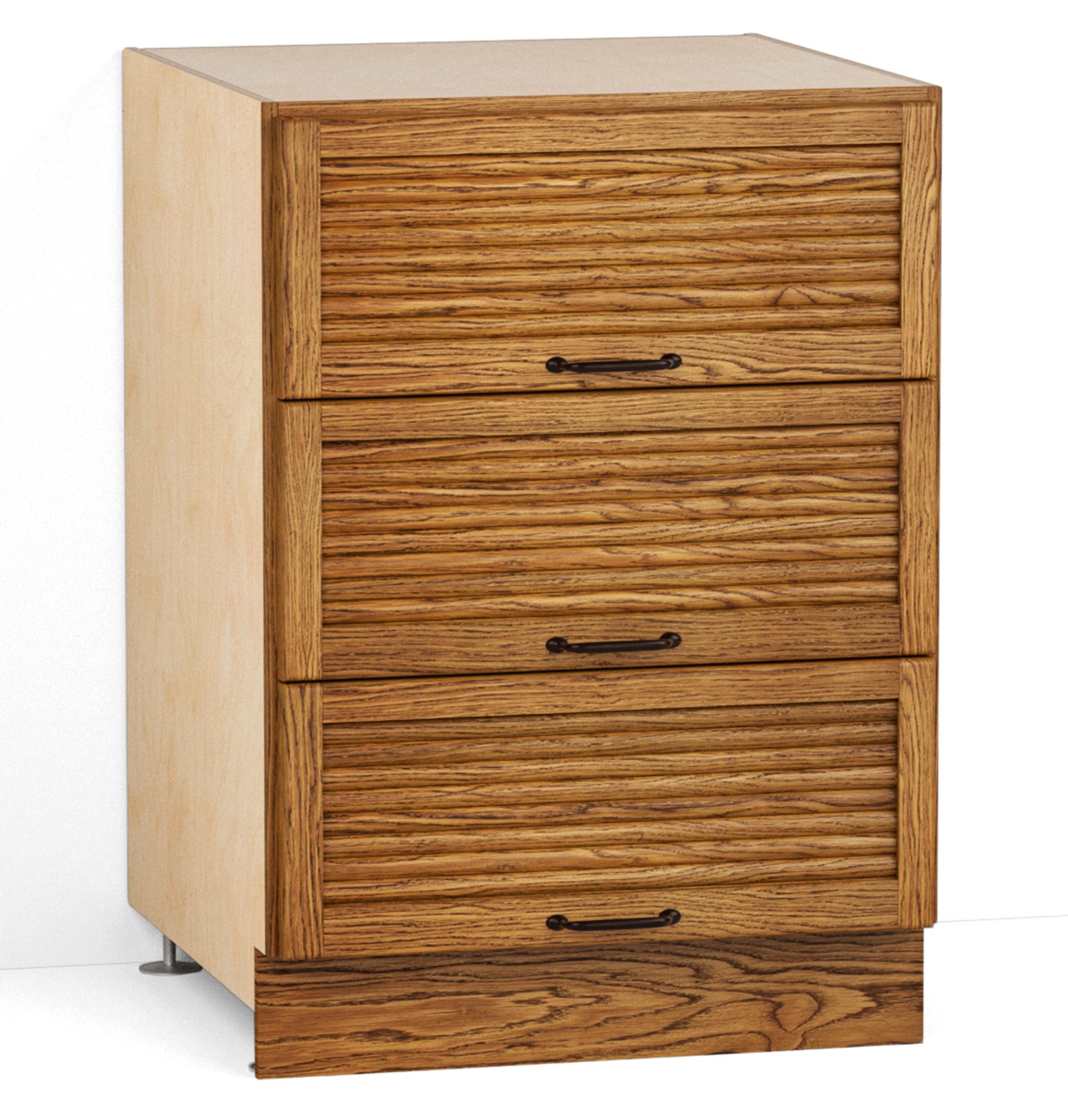 A render of an oak kitchen base cabinet with three tambour drawers from deVOL's Haberdasher's range.