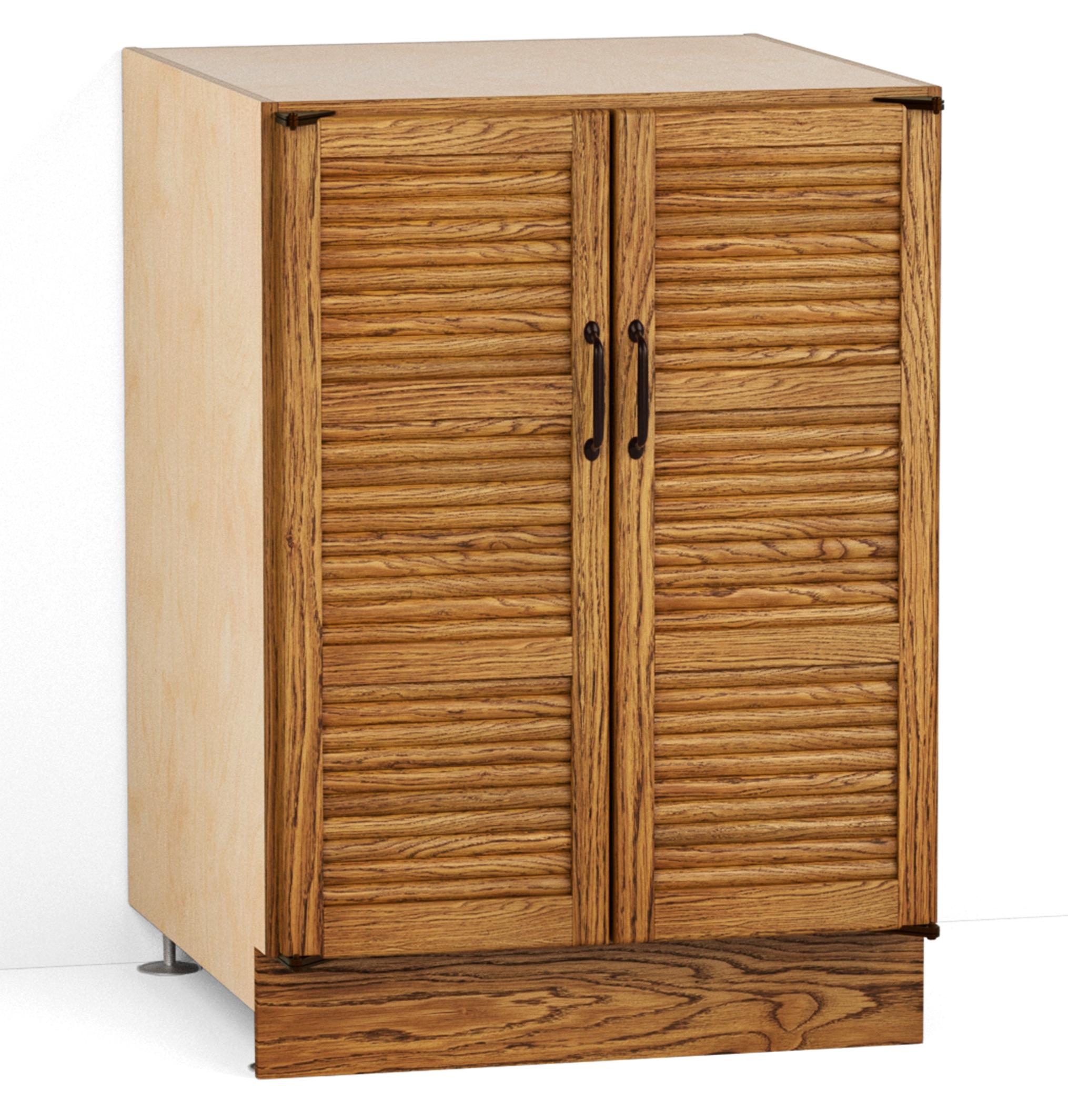 A render of an oak kitchen base cabinet with tambour doors from deVOL's Haberdasher's range.