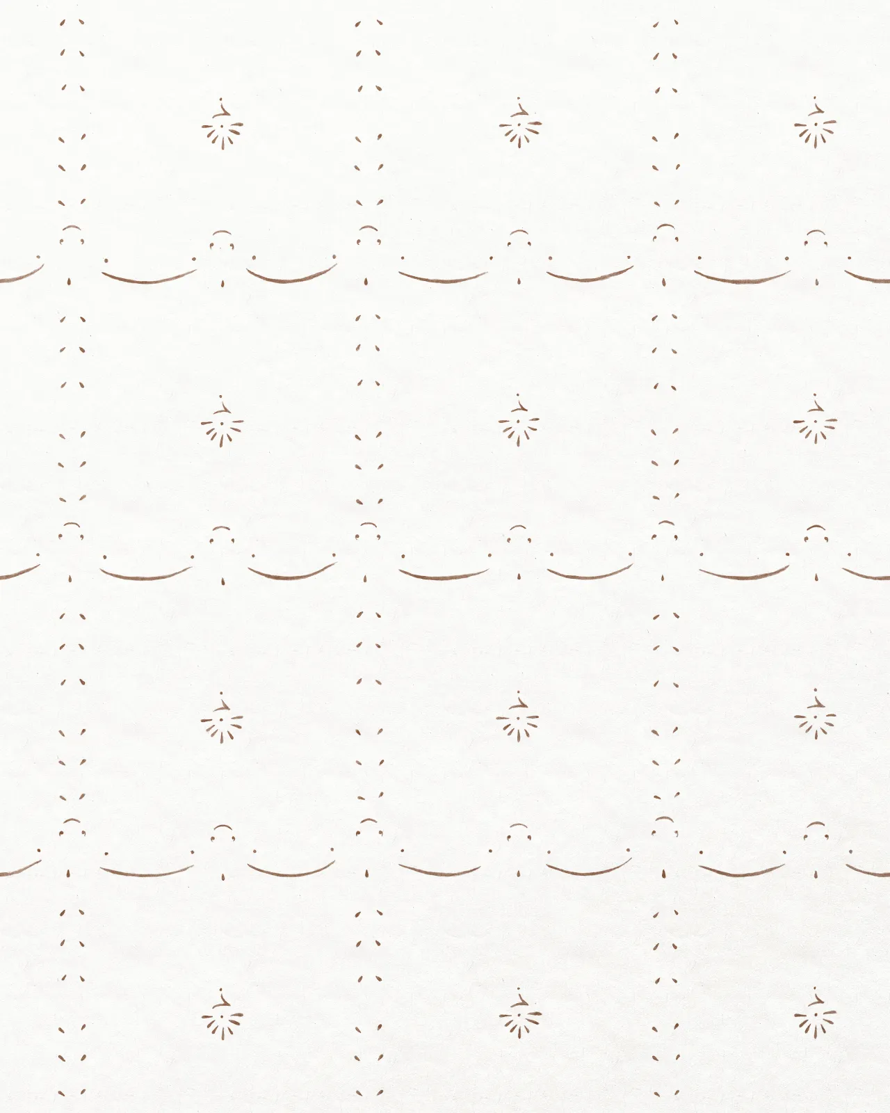 An off-white wallpaper with a delicate hand-painted pattern in a sepia colour.