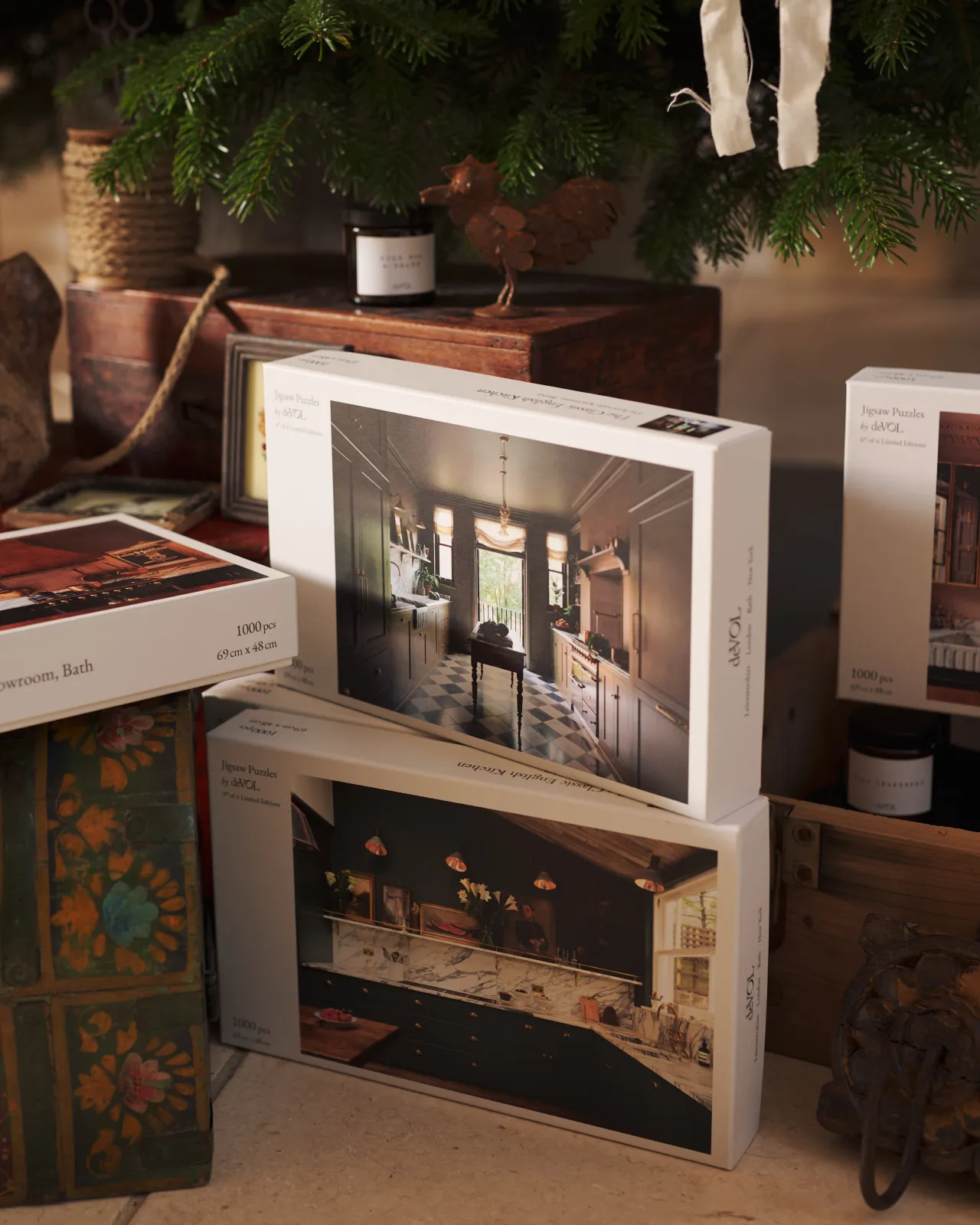 A front on shot of deVOL's jigsaw puzzle by the christmas tree.