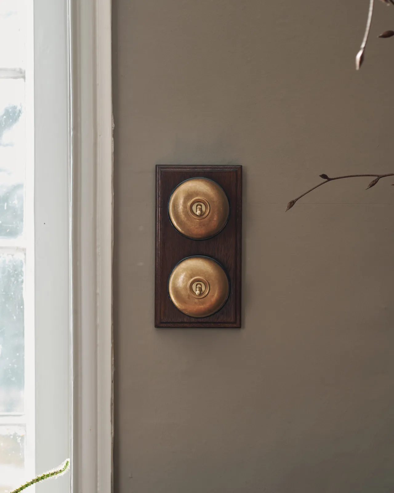 A pair of deVOL Dolly Toggle Switches fitted to a stained Sapele pattress.