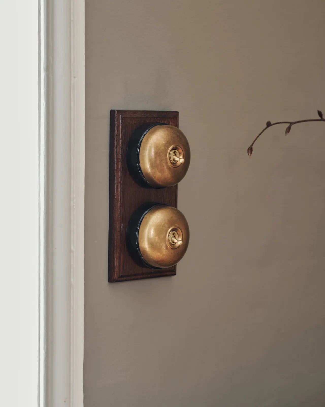A pair of deVOL Dolly Toggle Switches fitted to a stained Sapele pattress.