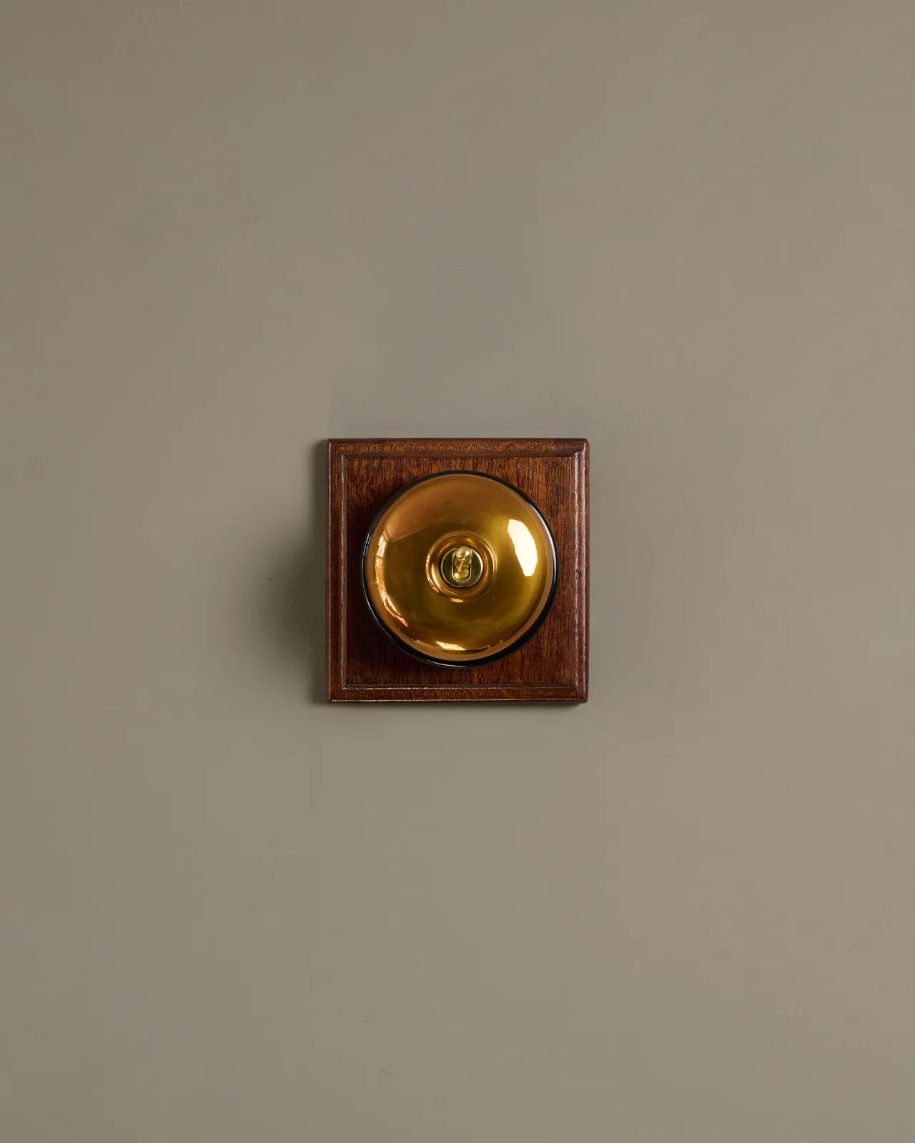 A deVOL Heirloom Brass Dolly Toggle Switches fitted to a Mahogany Finish pattress.