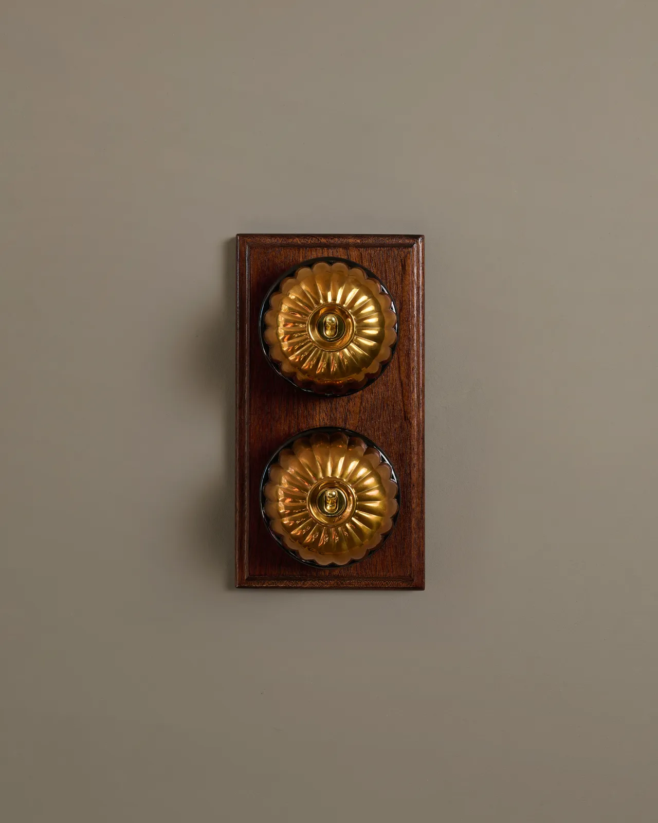 A pair of deVOL Jelly Toggle Switches in Heirloom Brass and fitted to a richly stained Sapele pattress.