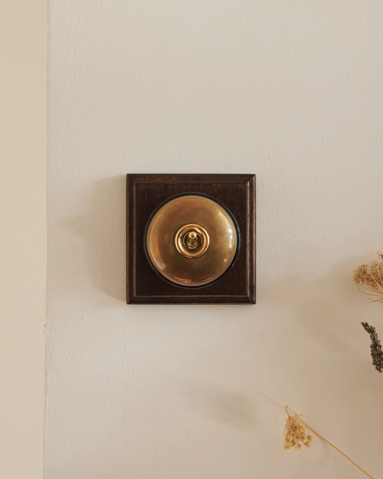 An Heirloom Brass deVOL Dolly Toggle Switch with a black base and richly stained Sapele pattress, installed in a creamy-coloured room that's styled creamware pots and dried flowers.
