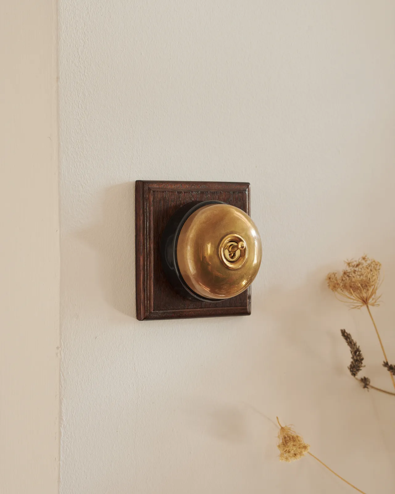 An Heirloom Brass deVOL Dolly Toggle Switch with a black base and richly stained Sapele pattress, installed in a creamy-coloured room that's styled creamware pots and dried flowers.