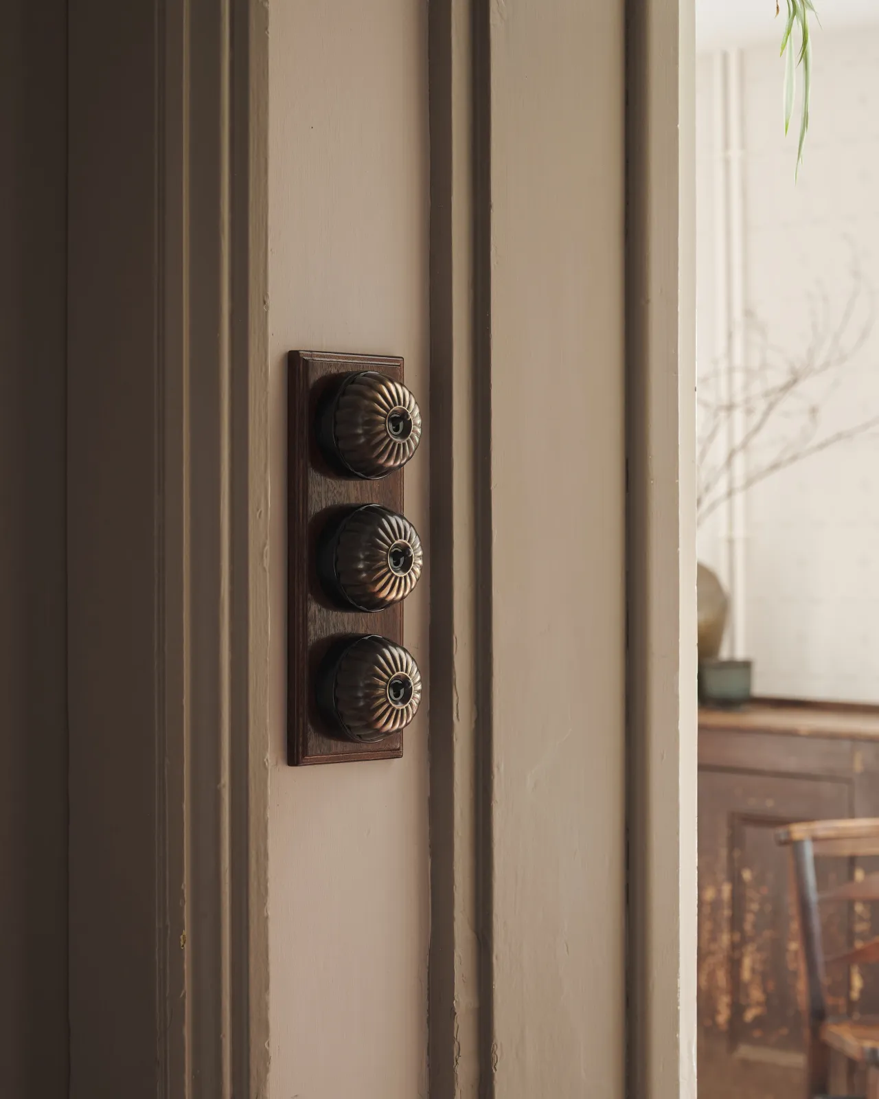 A set of three Jelly Toggle Switches finished in 'Oxidised Brass' and fitted to a richly stained Sapele pattress.