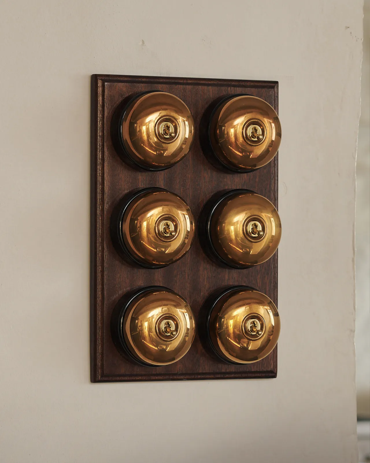 hes fitted to a richly stained Sapele pattress. Photographed in a cream-coloured room with painted Shaker cupboards.