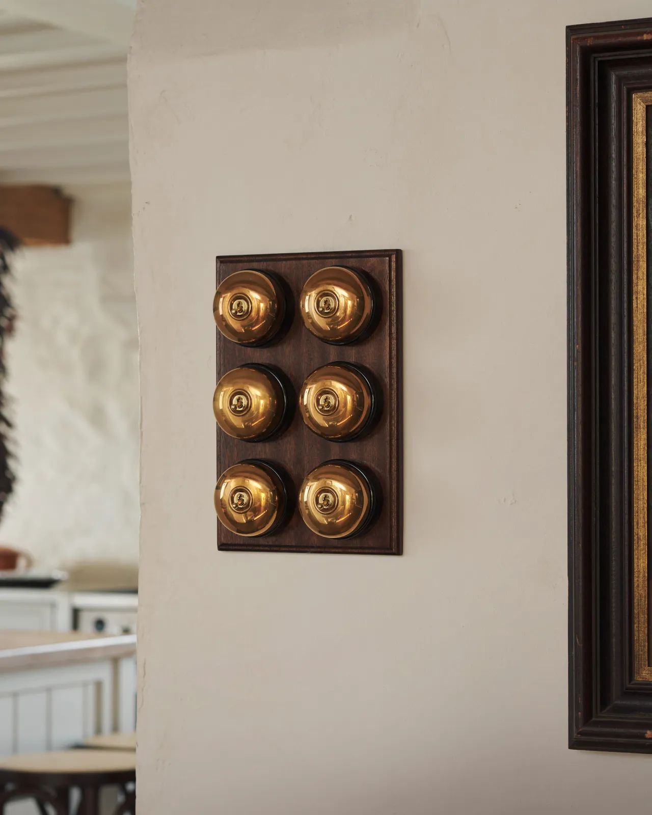 A bank of six Dolly Toggle Switches fitted to a richly stained Sapele pattress. Photographed in a cream-coloured room with painted Shaker cupboards.
