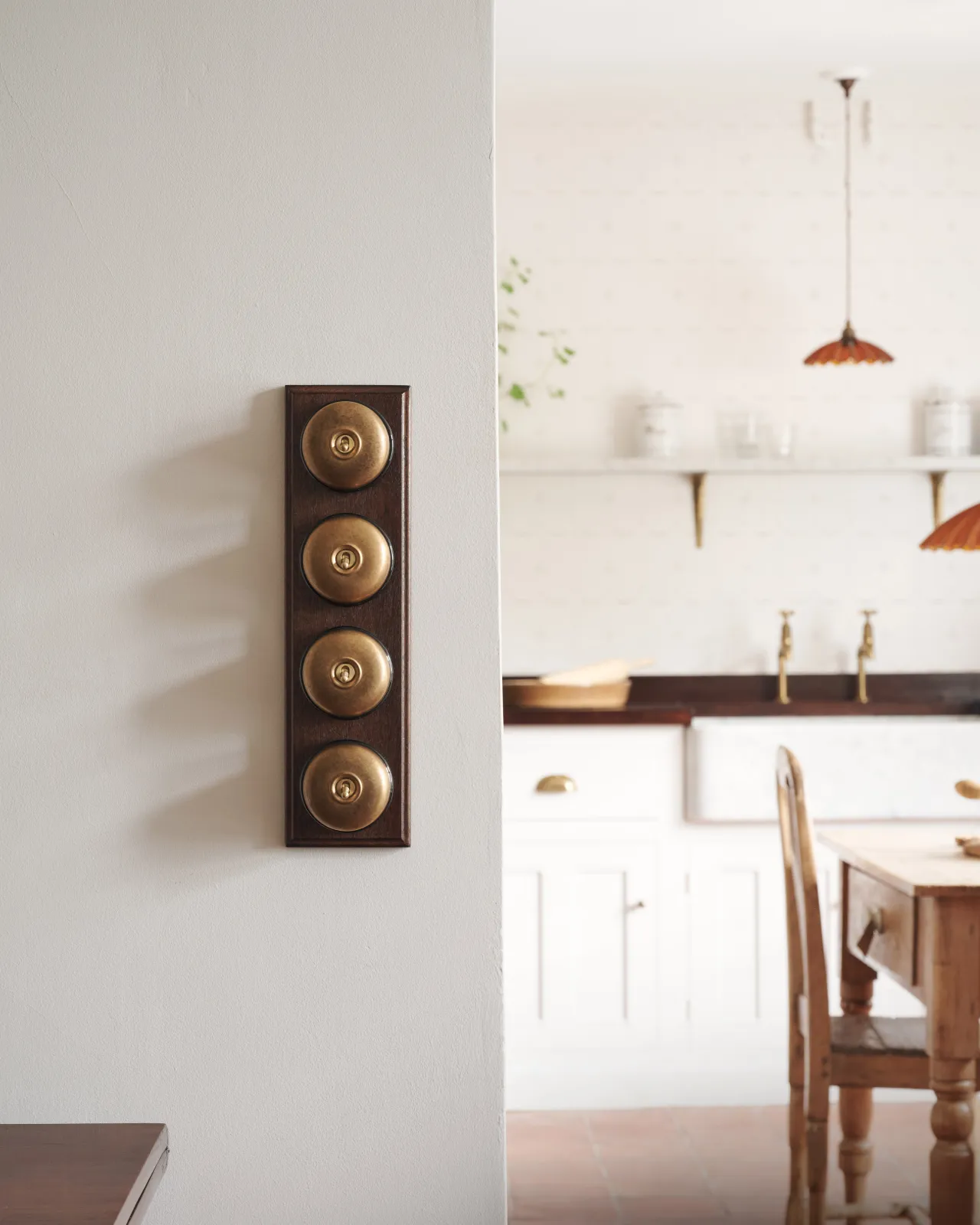 A bank of four Aged Brass Dolly Toggle Switches fitted to a richly stained Sapele pattress. Photographed in a light and airy scullery.
