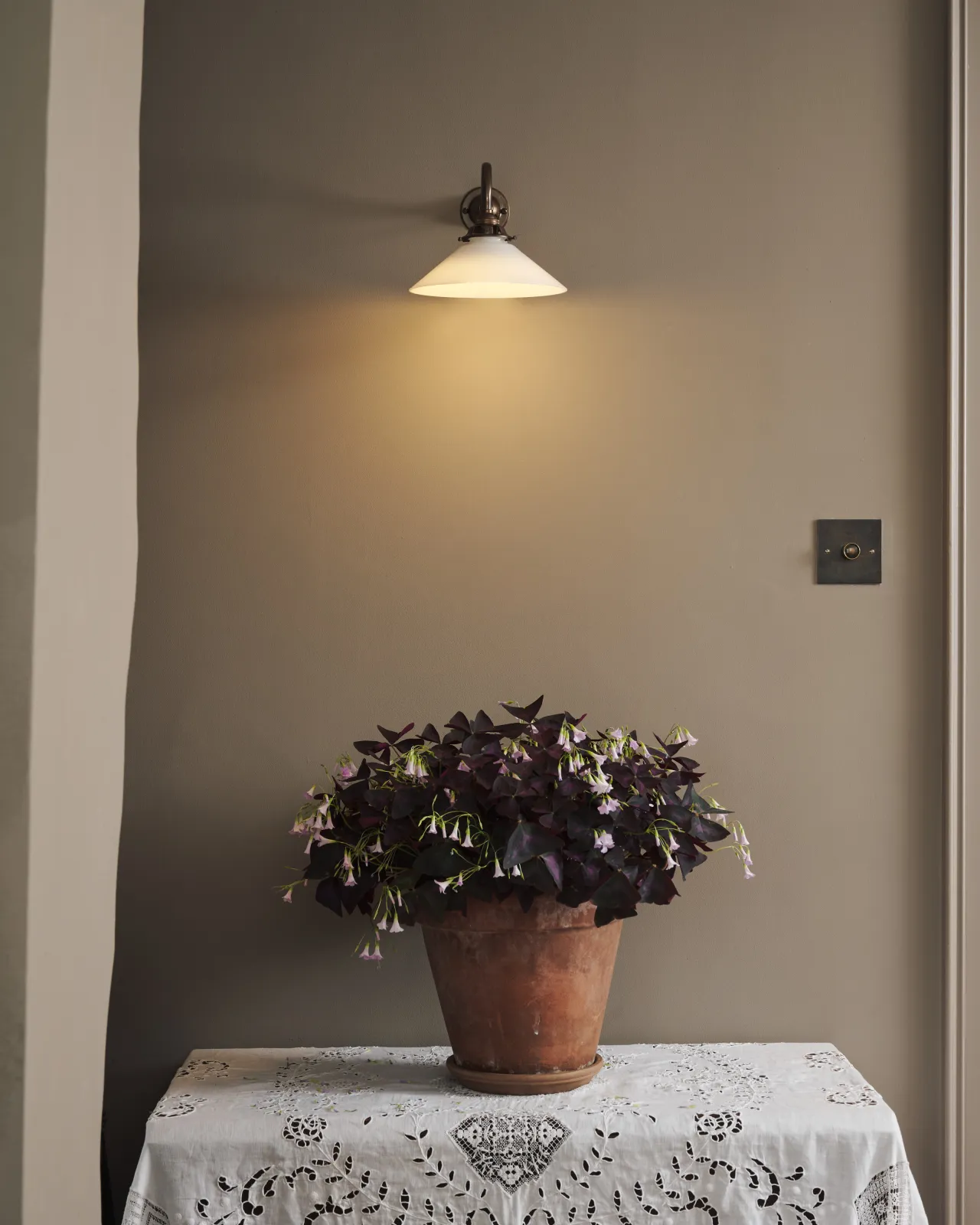 A small milk glass wall light above a large potted plant on a lace tablecloth. The light is on and casting a warm glow across the wall.