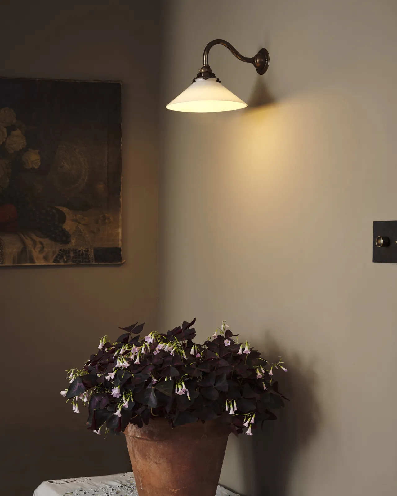 An oblique view of a small milk glass wall light above a large potted plant. The light is on and casting a warm glow across the wall.
