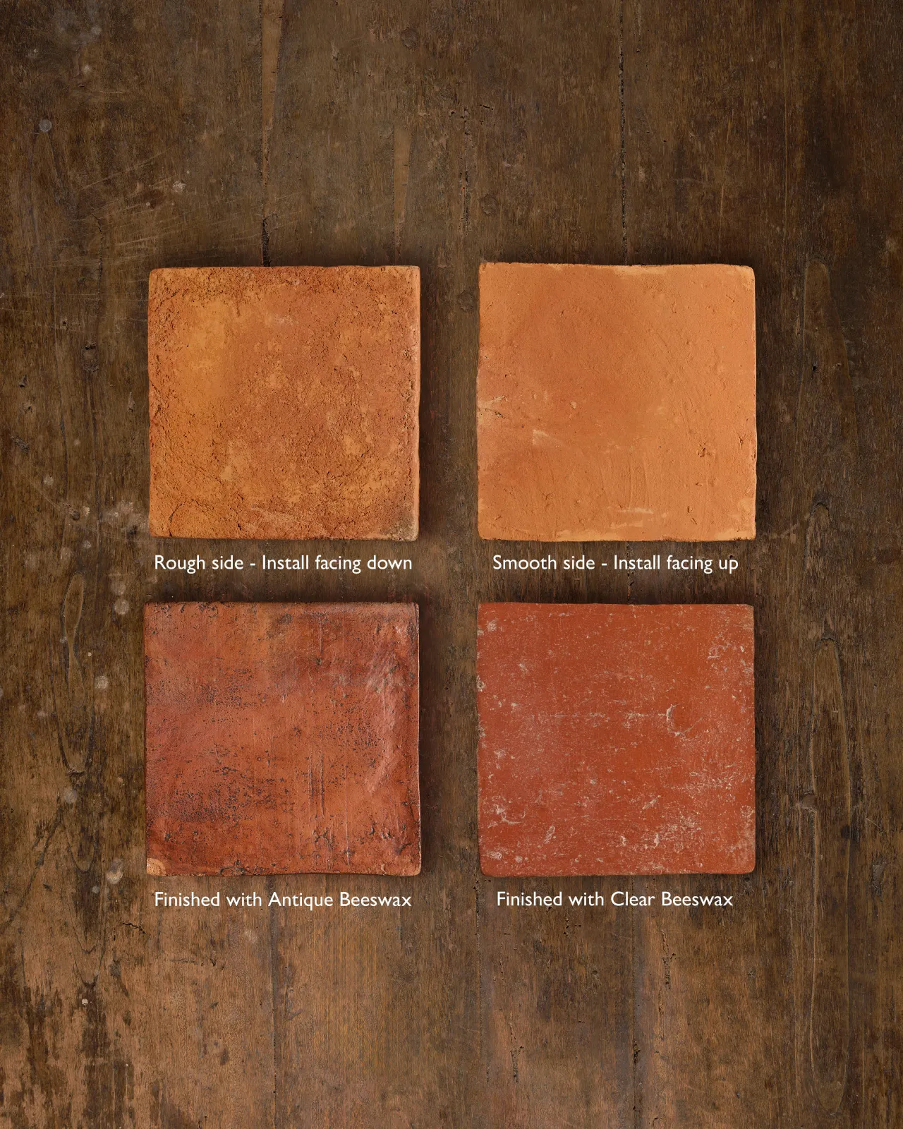 An image of four Square Terracotta tiles that showcases it's different sides and coatings. Starting from the top left is the rough and textured side of the terracotta tile. The top right is the smoother side of the terracotta tile. The bottom left is finished with an antique beeswax, turning the pored holes of the terracotta black with a dark red-ish colour and shine. And finally the bottom right is finished with the clear beeswax that has white and clear pores with a red-ish colour and shine.