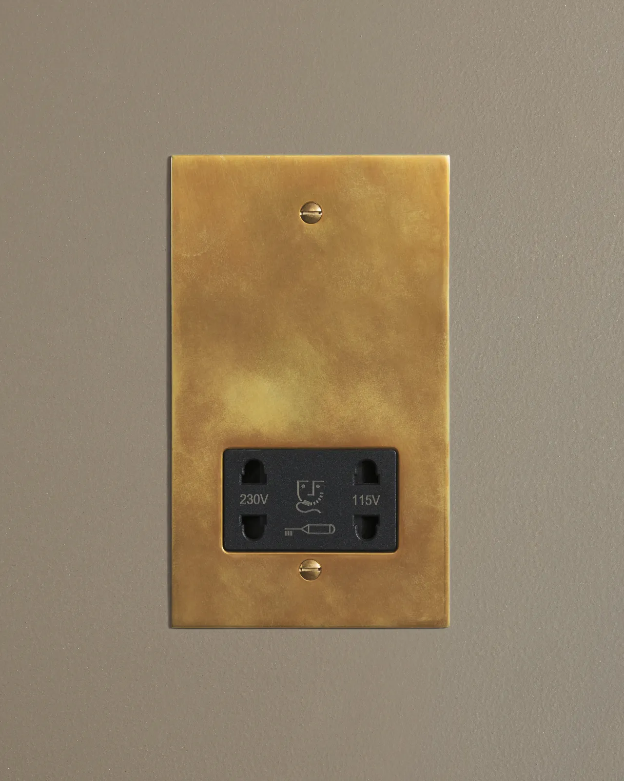 A straight-on view of a classic twin shaver socket in a warm burnished brass finish.