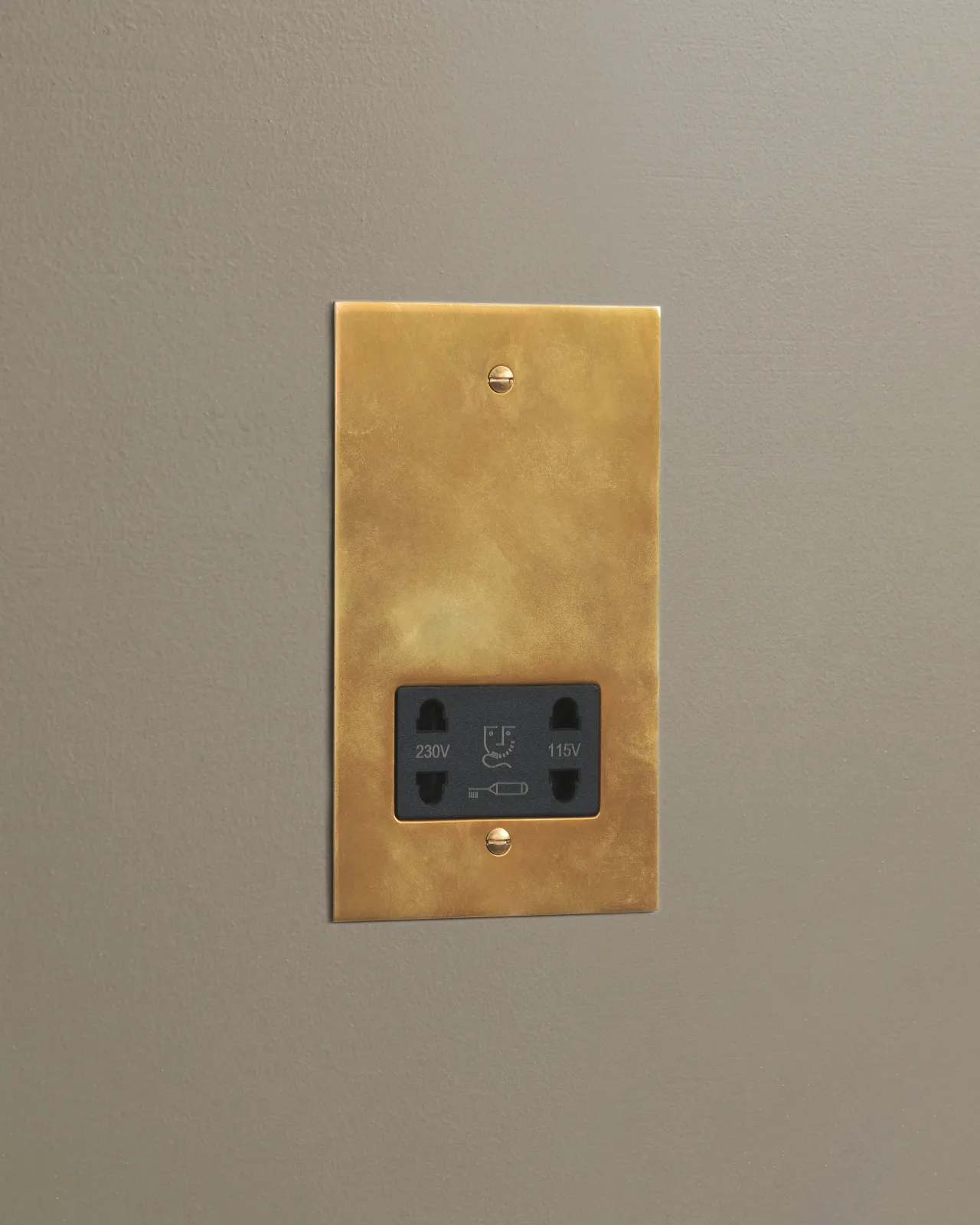 An oblique view of a classic twin shaver socket in a warm burnished brass finish.