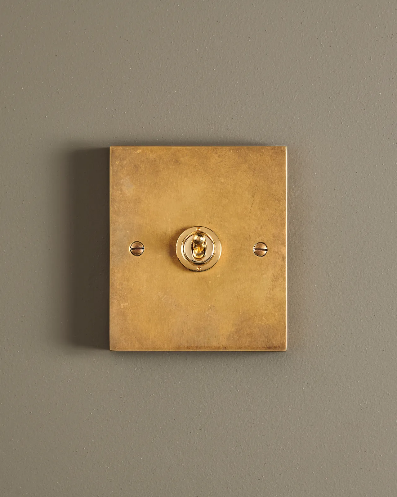 A straight-on view of a 1 gang box toggle switch in a warm burnished brass finish.