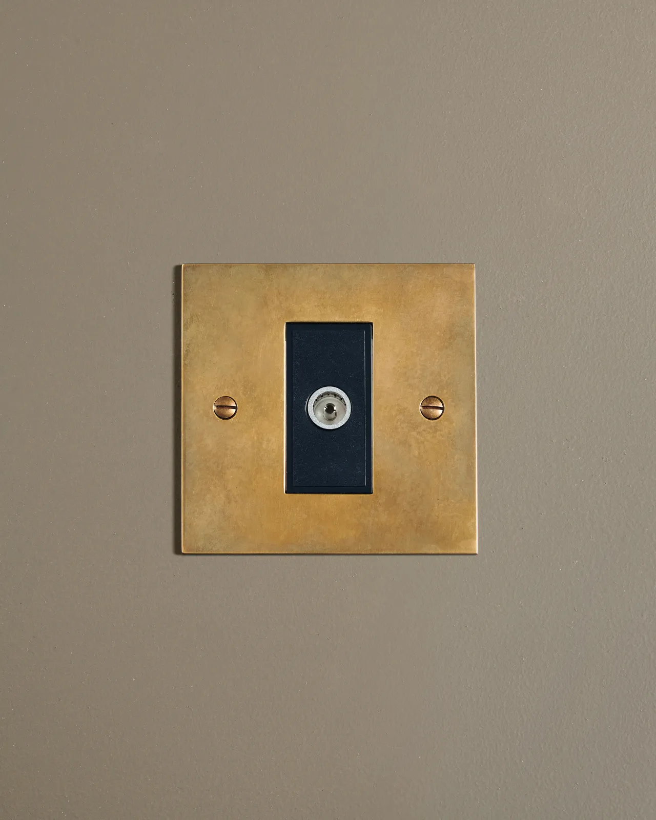 A straight-on view of a classic single coaxial TV socket in a warm burnished brass finish.