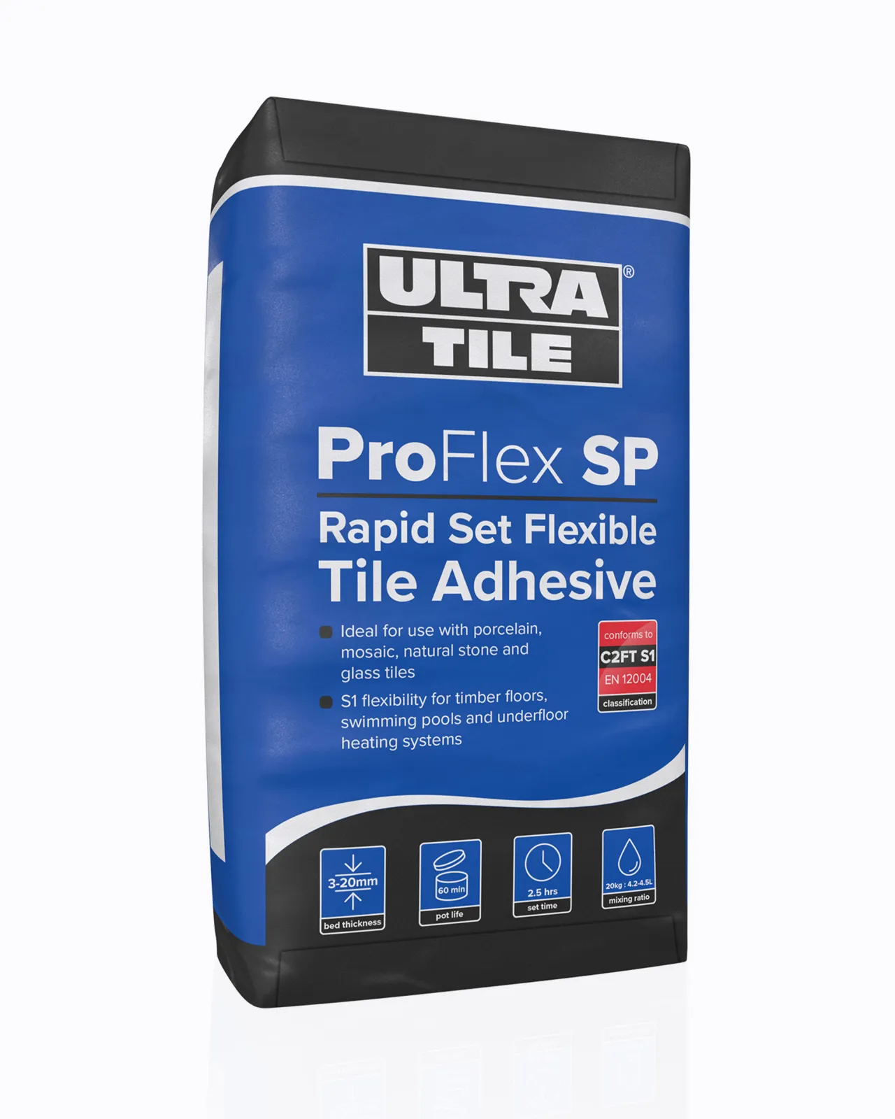 A cut-out image of a 20kg bag of white flexible adhesive suitable for stone and tiled floors.