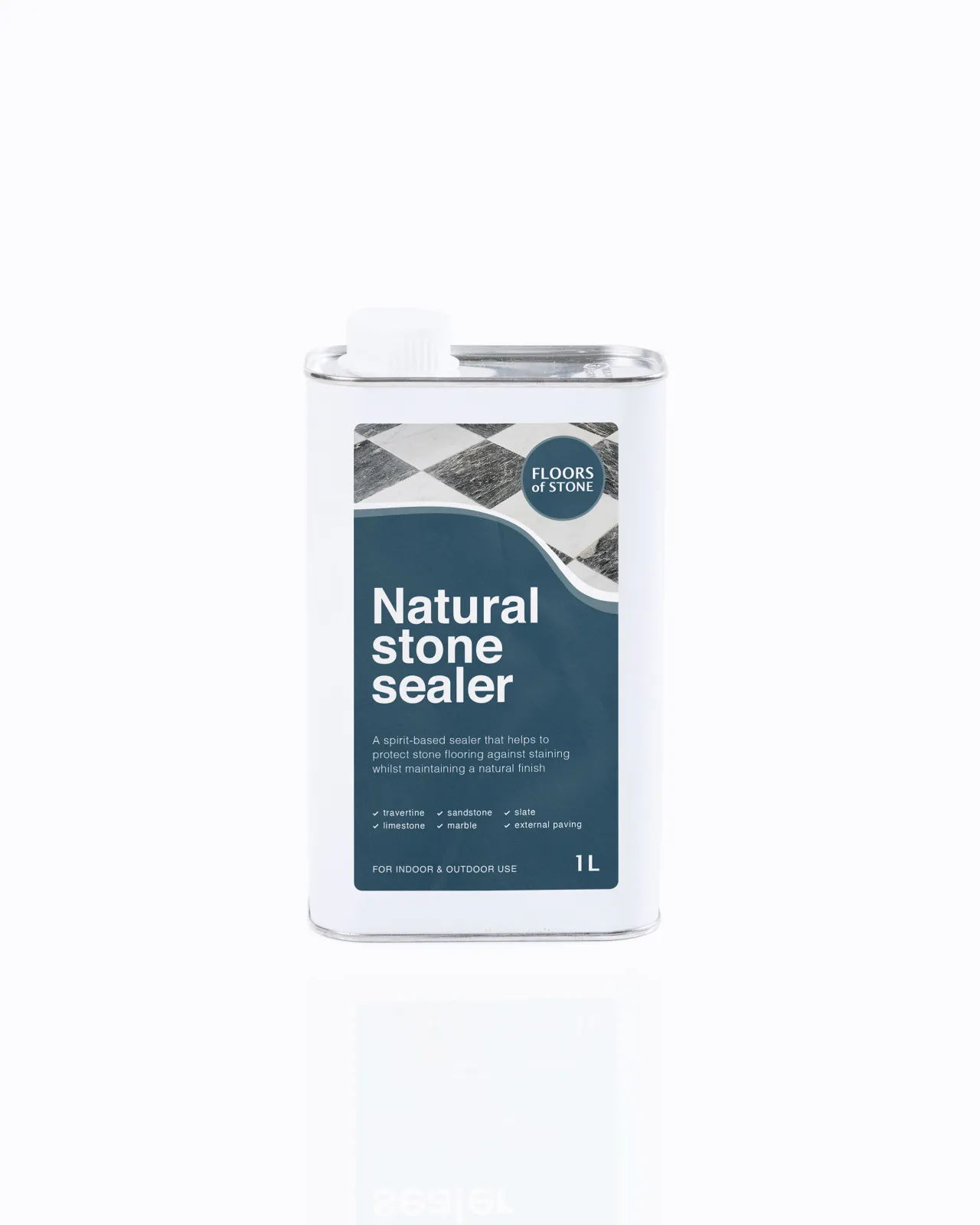 A cut-out image of a 1L tin of Spirit-based Natural Stone Sealer by Floors of Stone.