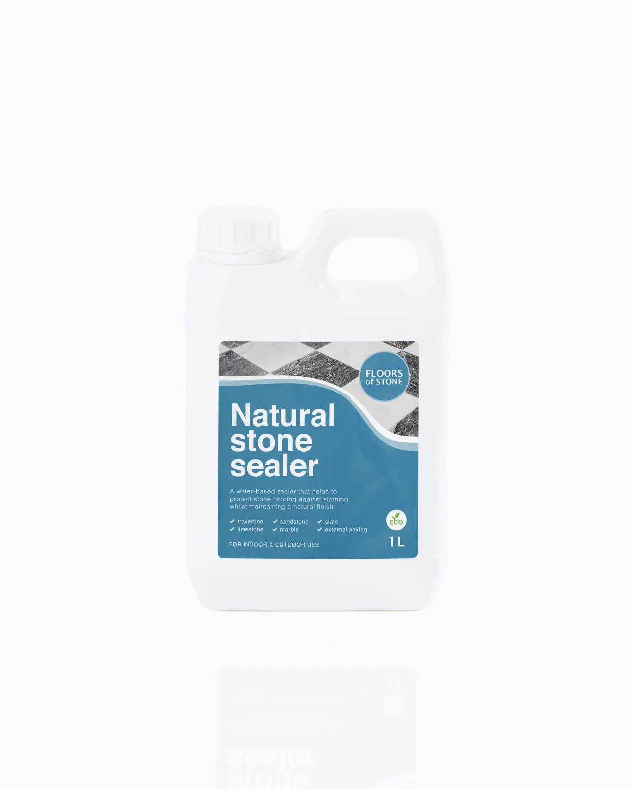 A cut-out image of a 1L bottle of Water-based Natural Stone Sealer by Floors of Stone.