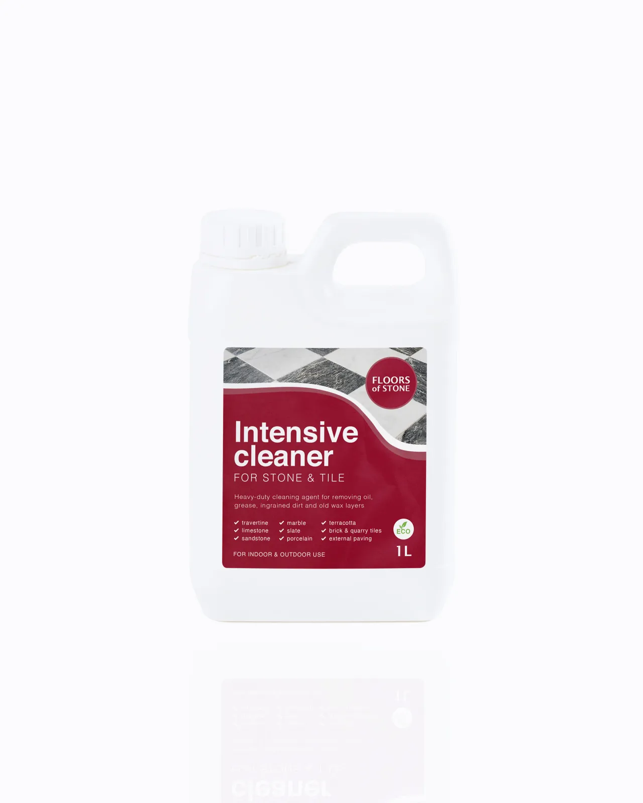 A cut-out image of a 1L bottle of Stone and Tile Intensive Cleaner by Floors of Stone.