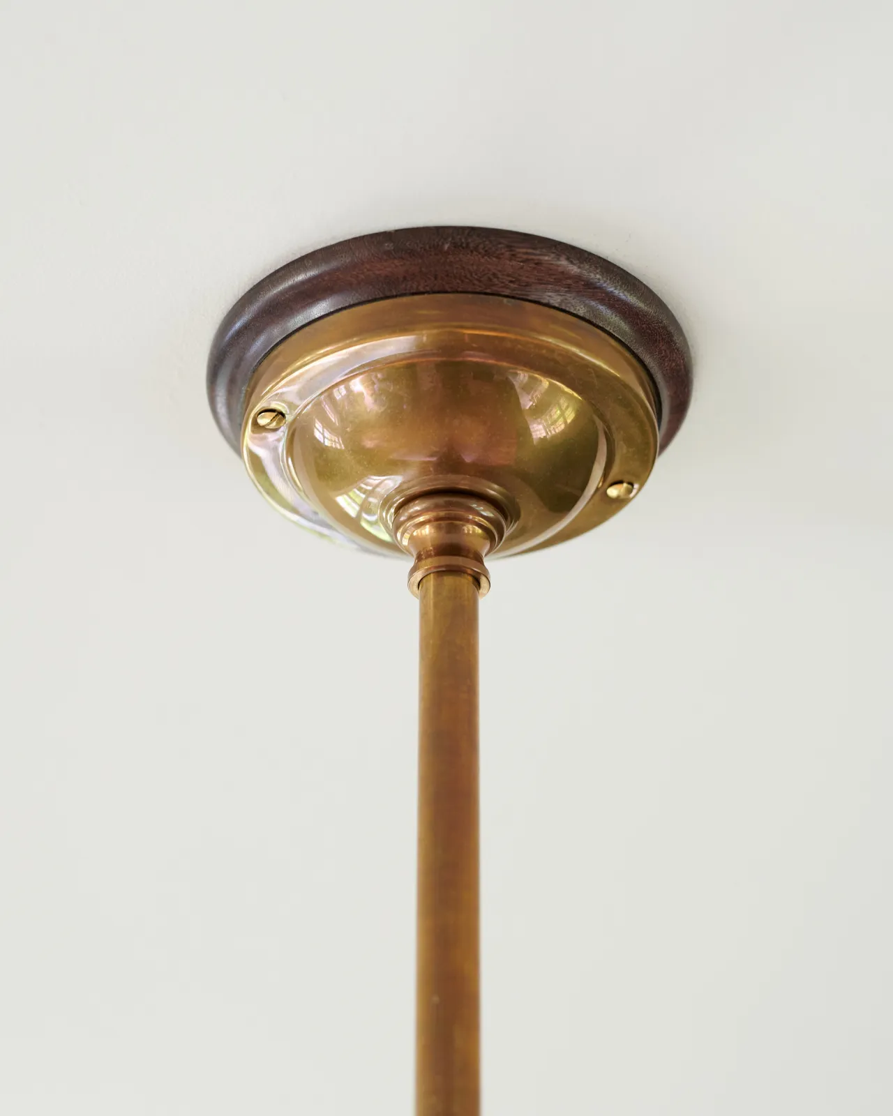 A decorative brass ceiling rose with a dark hardwood pattress.