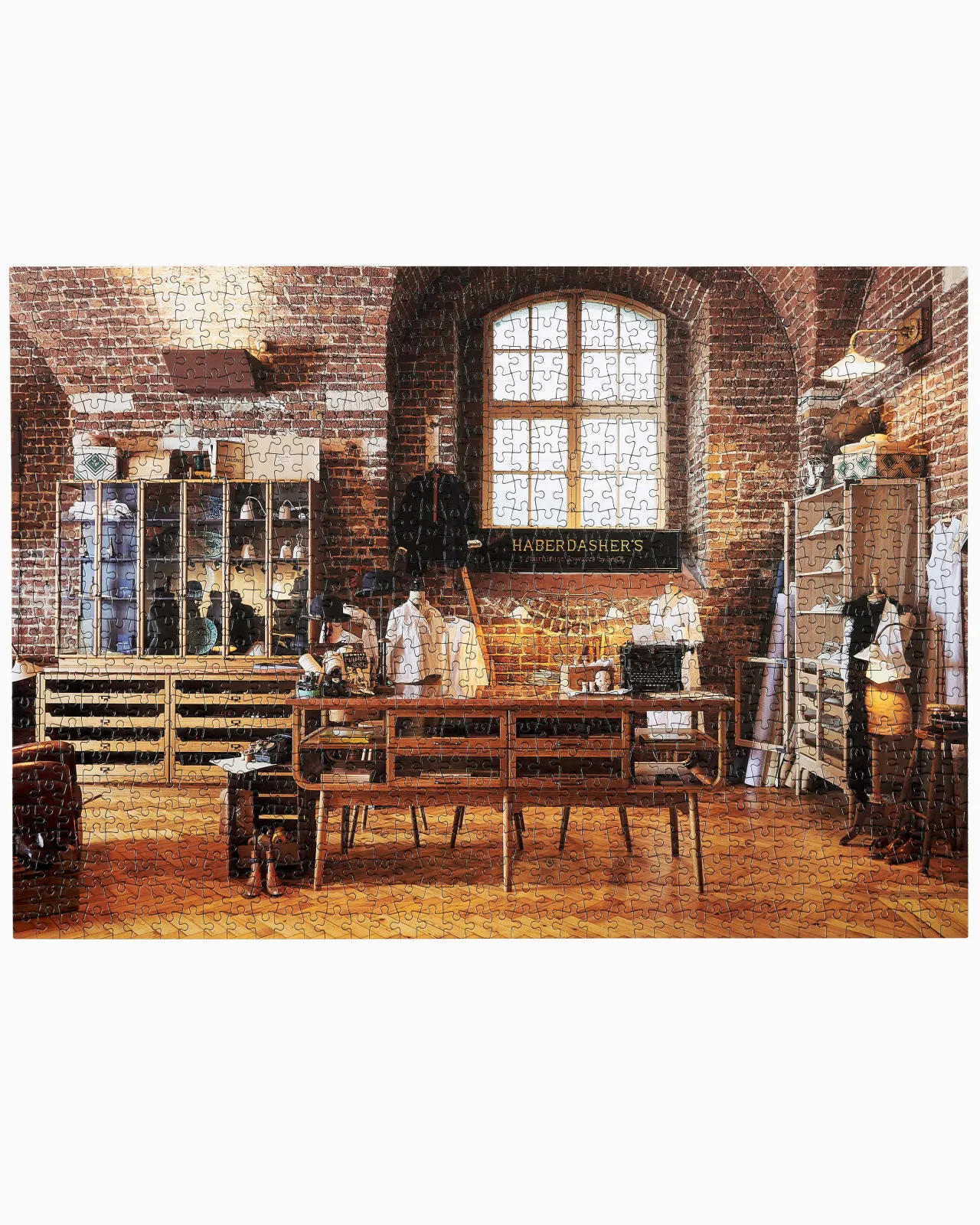 An assembled jigsaw puzzle of a mid-century-style oak kitchen in a red brick room with warm parquet wood flooring.