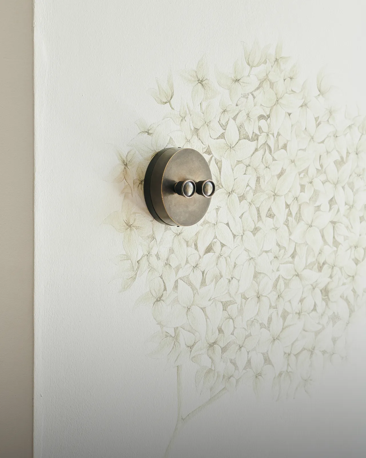 An oblique view of a 2 gang oval-shaped dimmer switch in a dark oxidised brass finish on a white wall with a large mural of an allium flower head.