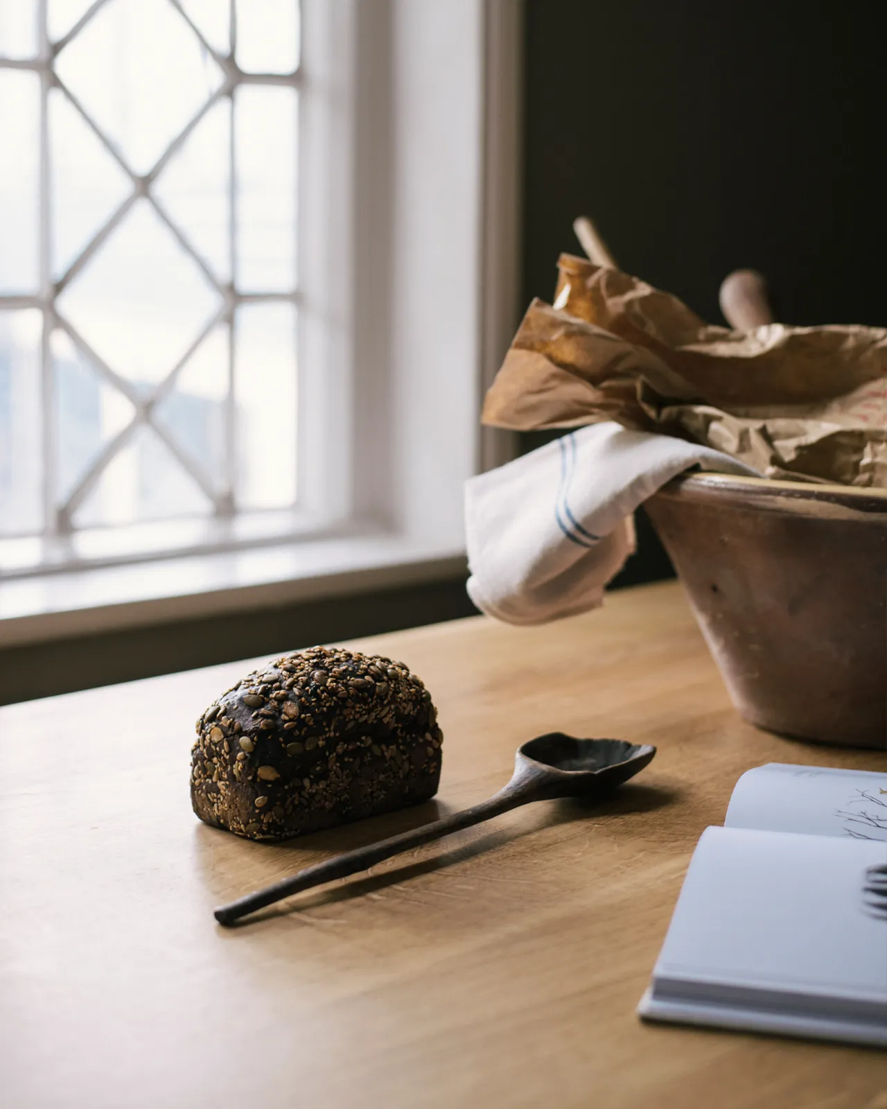 An oblique view of an oak tabletop with a large ceramic bowl and seeded bread in front of a Victorian leaded window.