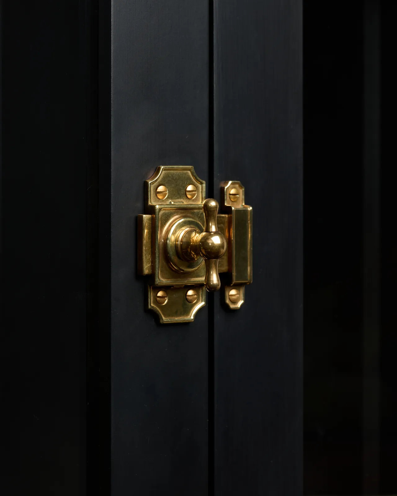A close-up oblique view of a Victorian-inspired rack and pinion cupboard catch in a warm burnished brass finish, fitted to a black painted door.
