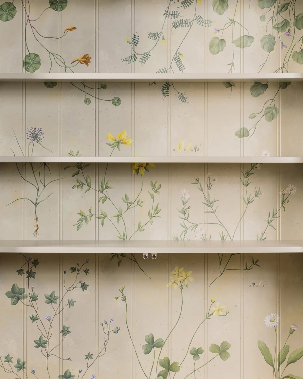 The interior of a display cabinet with a cream interior and traditional painted botanical plants and motifs on the tongue and groove back panel.