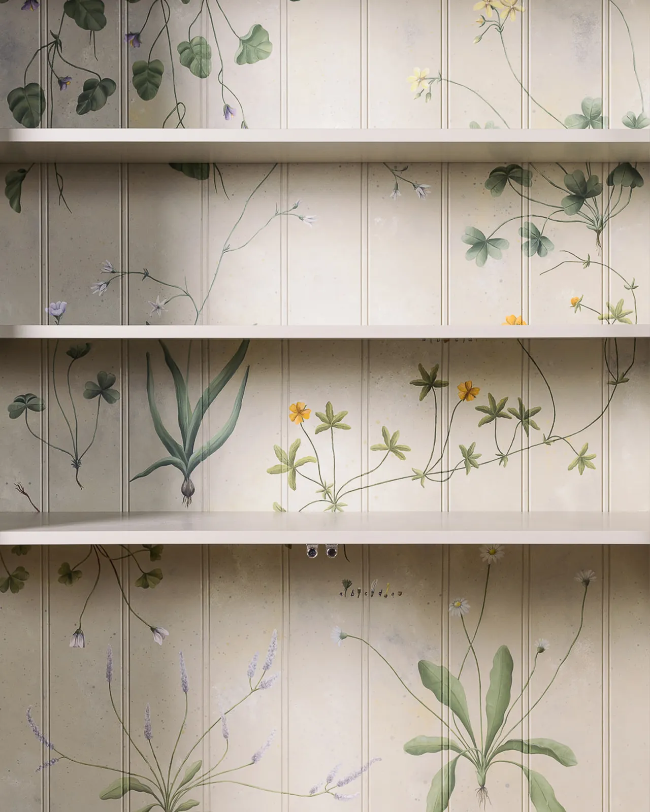 The interior of a display cabinet with a cream interior and traditional painted botanical plants and motifs on the tongue and groove back panel.