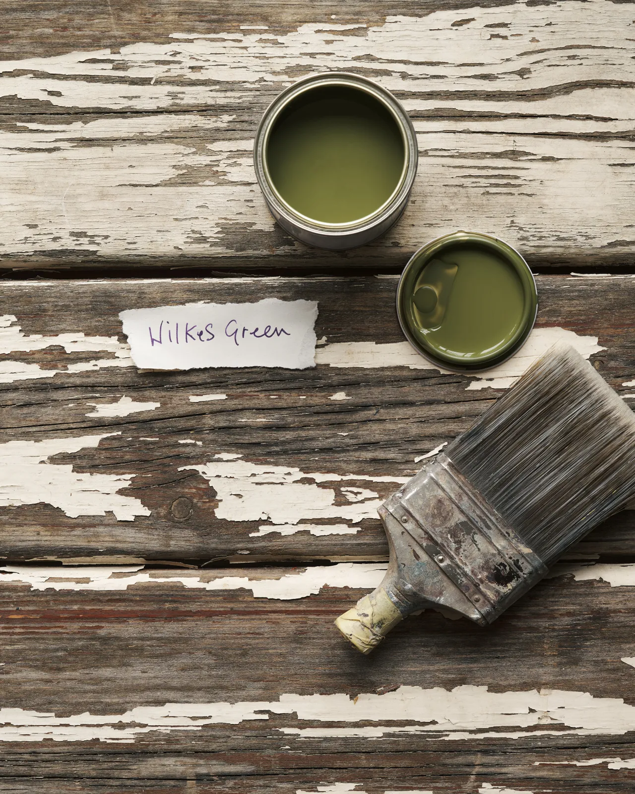 An overhead view of an open paint pot and a worn brush on a rustic tabletop. The mossy green colour inside is labelled 'Wilkes Green'.