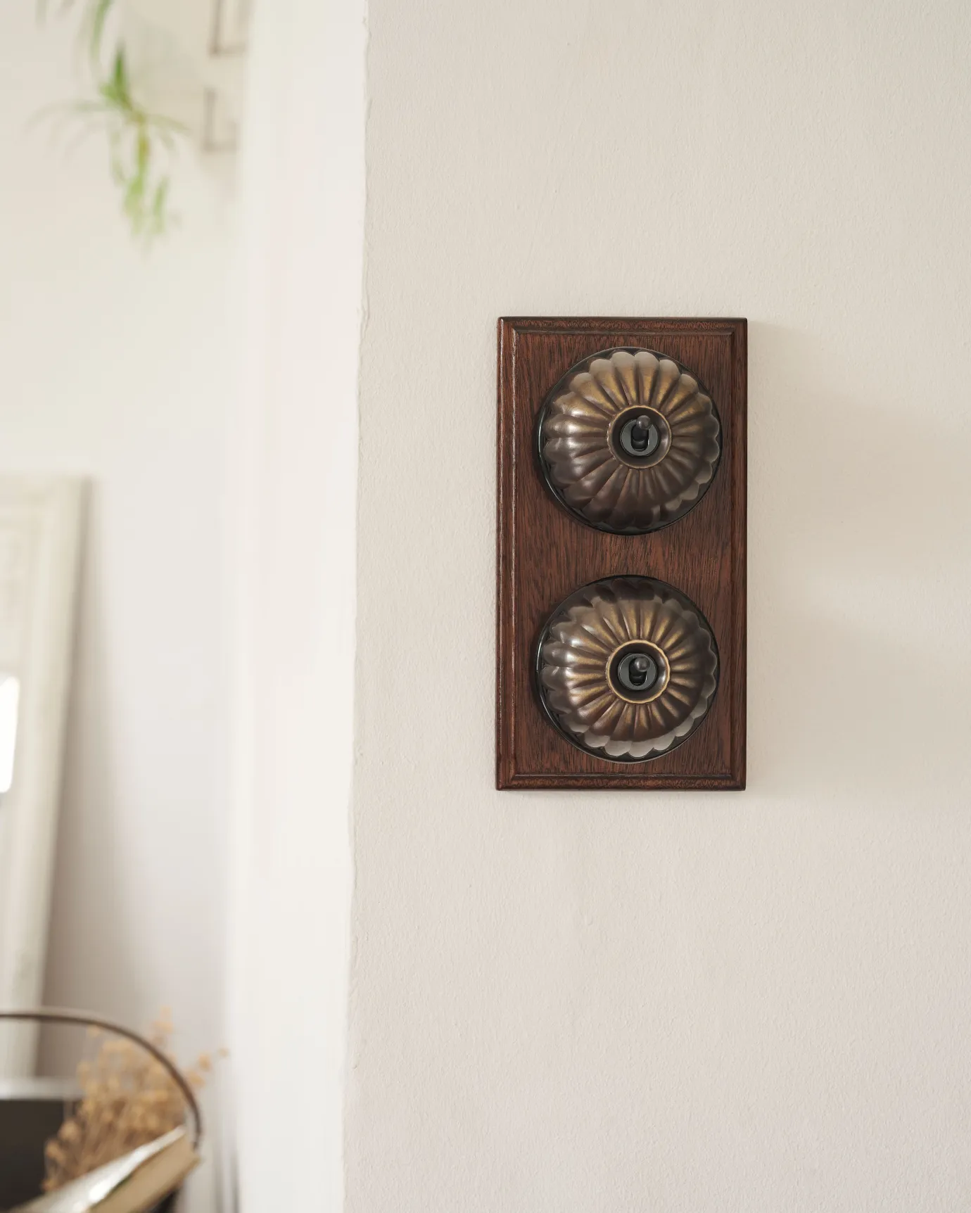 A 2 gang row of Jelly toggle light switches in an Oxidised Brass finish, with black ceramic bases and a Stained Sapele pattress.