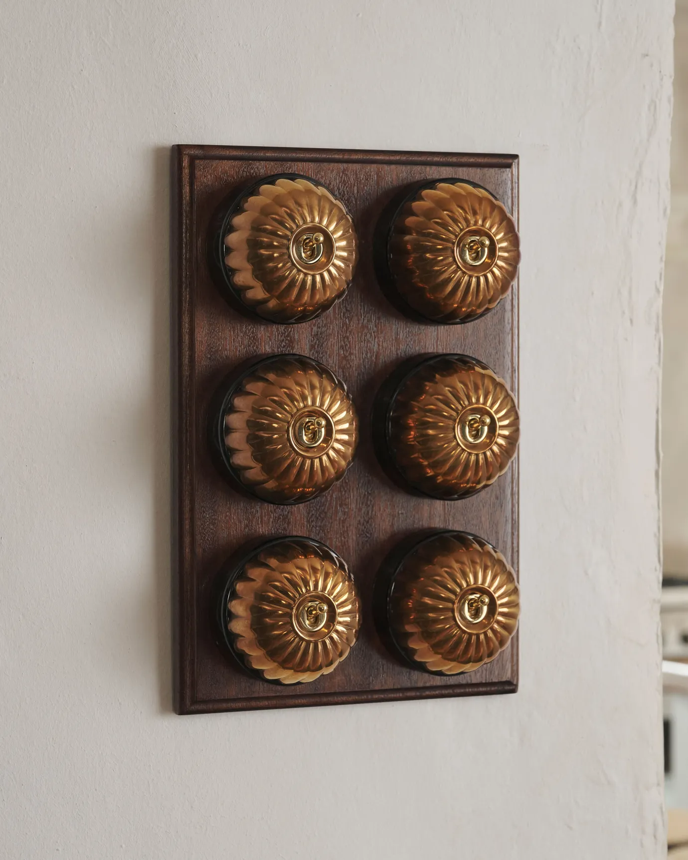 A 6 gang bank of Jelly toggle light switches in an Heirloom Brass finish, with black ceramic bases and a Stained Sapele pattress.