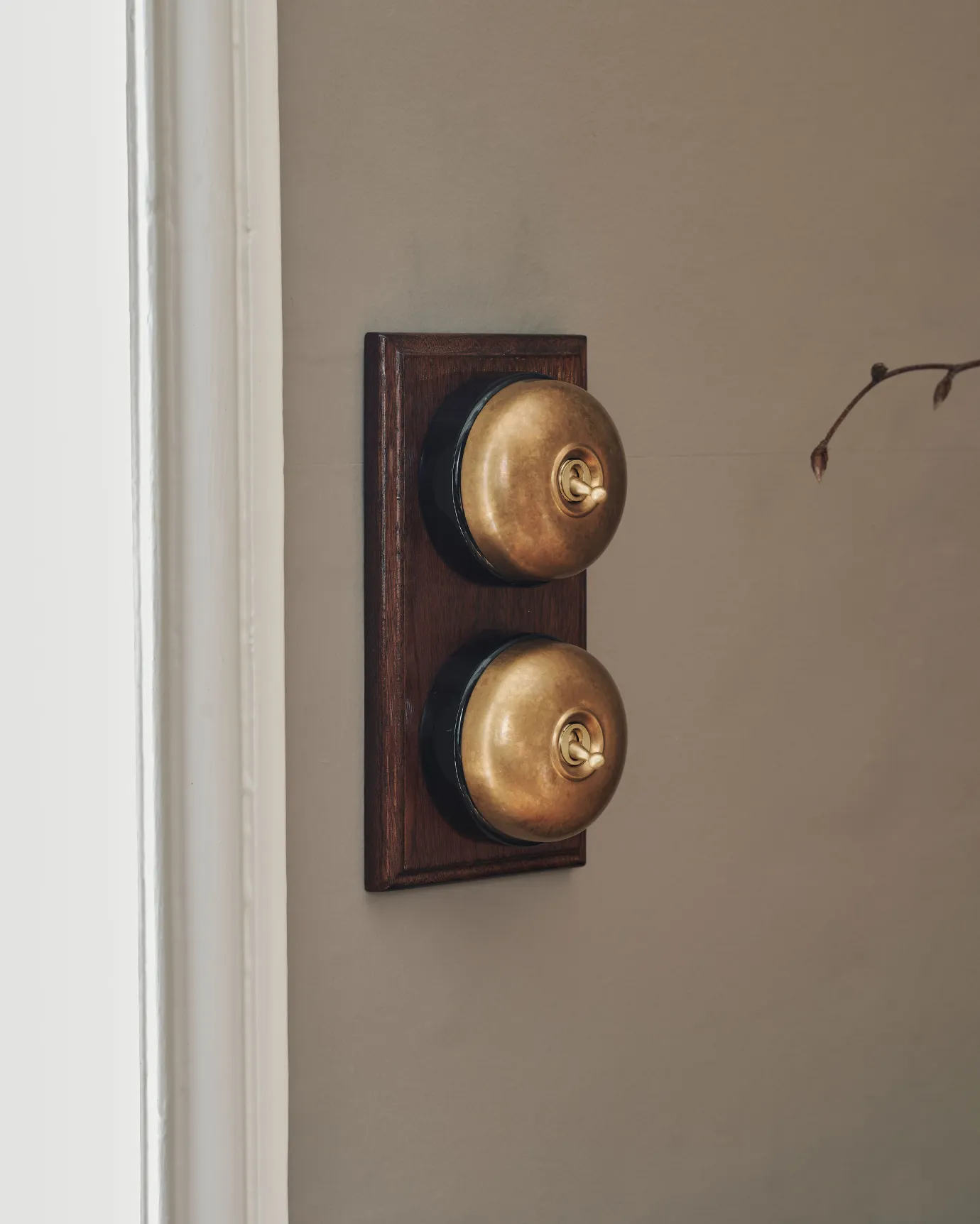 A 2 gang row of Dolly toggle light switches in an Aged Brass finish, with black ceramic bases and a Stained Sapele pattress.