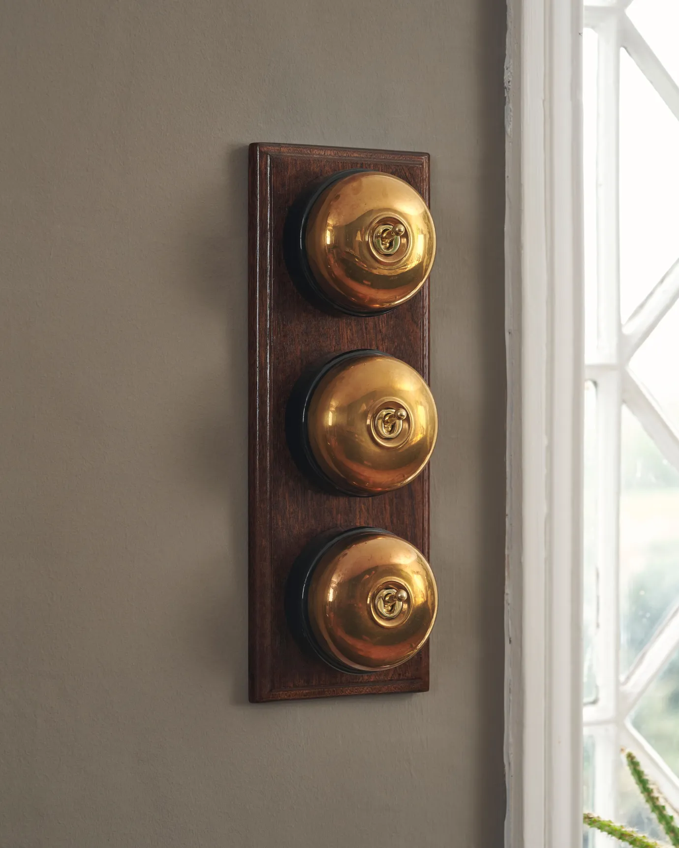 A 3 gang row of Dolly toggle light switches in an Heirloom Brass finish, with black ceramic bases and a Stained Sapele pattress.