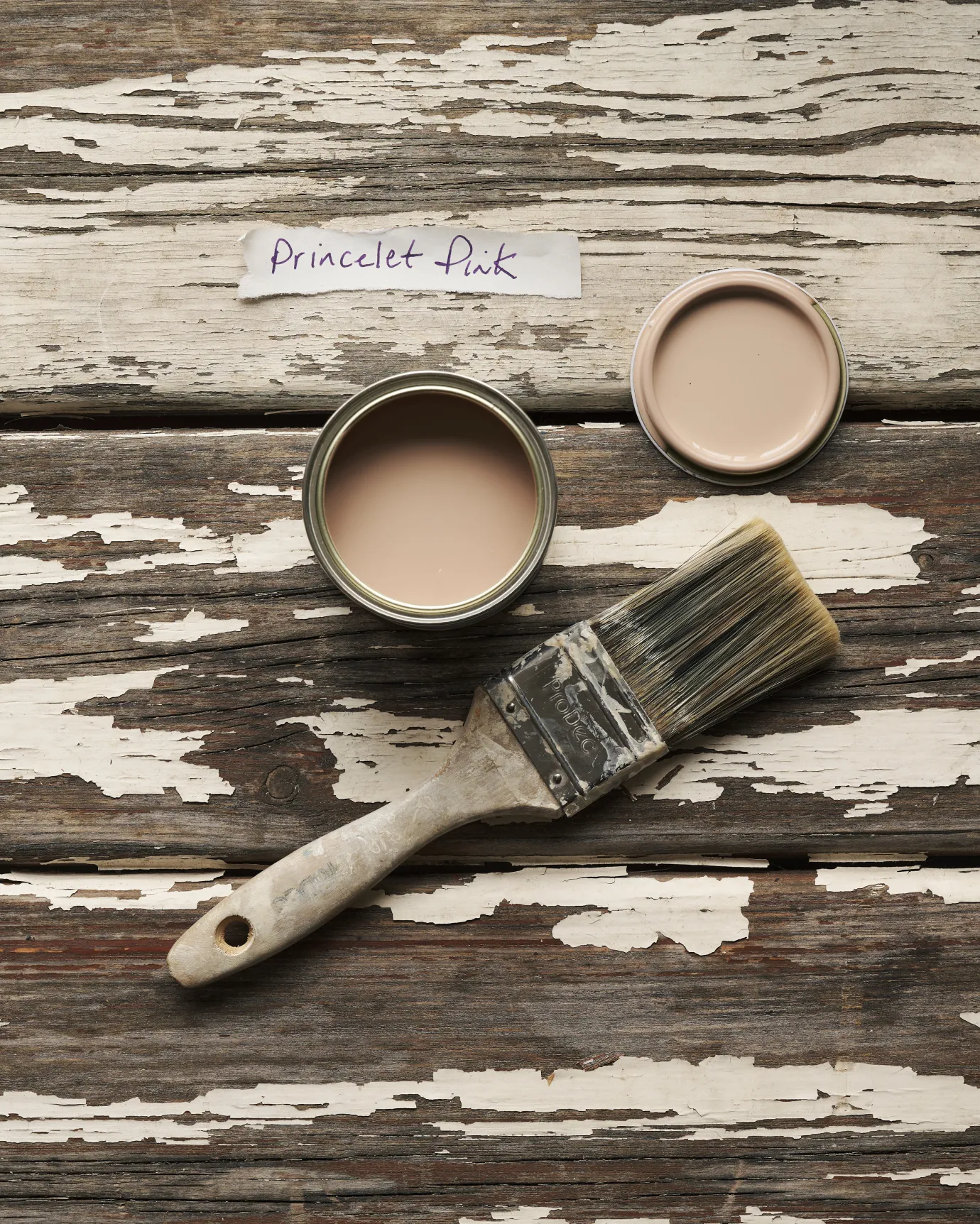 An overhead view of an open paint pot and a worn brush on a rustic tabletop. The soft pink colour inside is labelled 'Princelet Pink'.