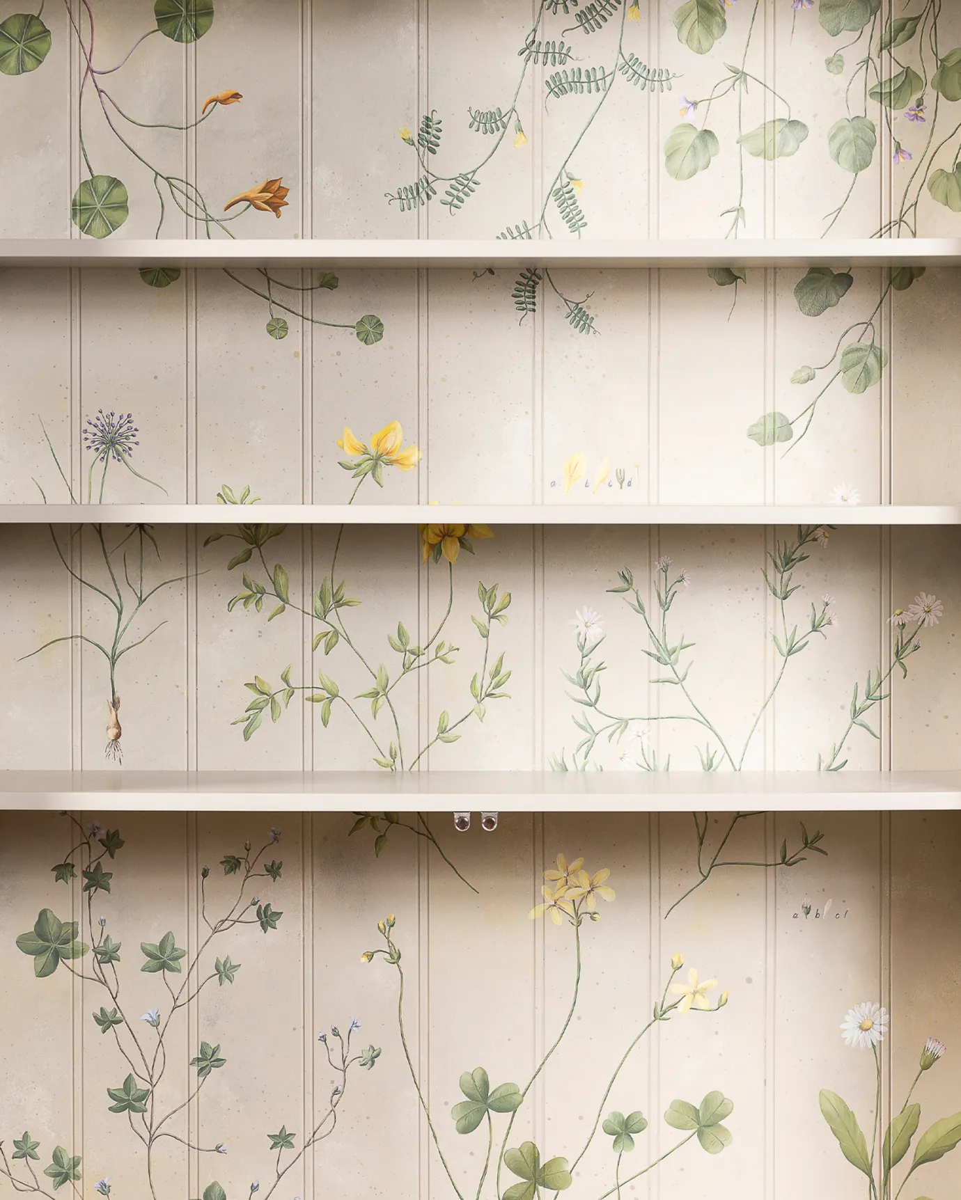 The interior of a display cabinet with a cream interior and traditional painted botanical plants and motifs on the tongue and groove back panel.